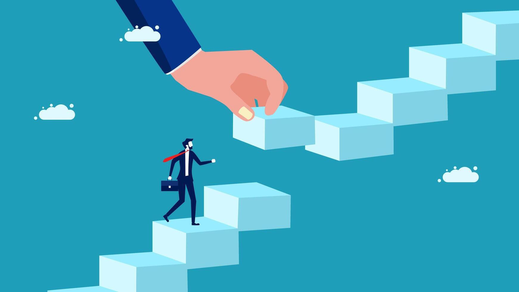 businessman climbing up a ladder to reach the top of the stairs vector