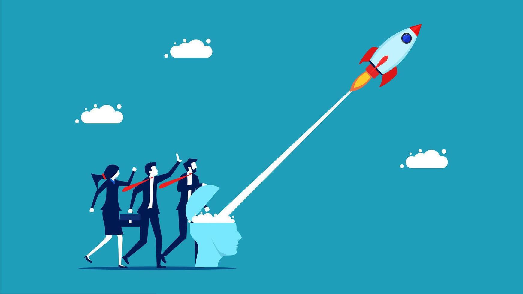 business people are looking at a rocket launching into the sky vector