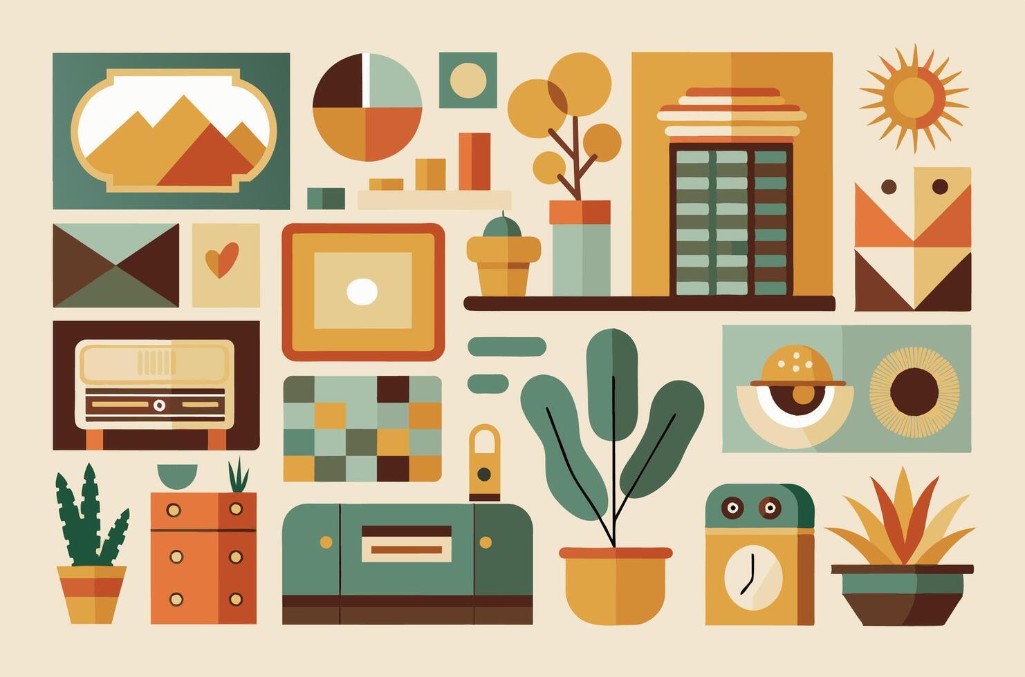 In this illustration, there are numerous varieties of objects displayed vector