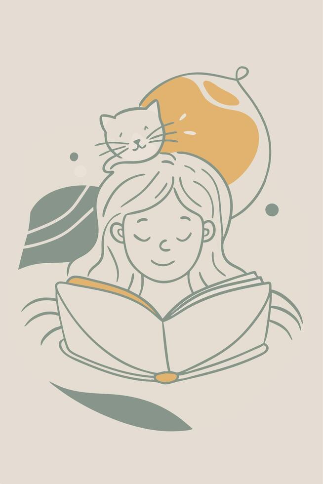 A woman is happily reading a book with a cute cat resting on her head vector