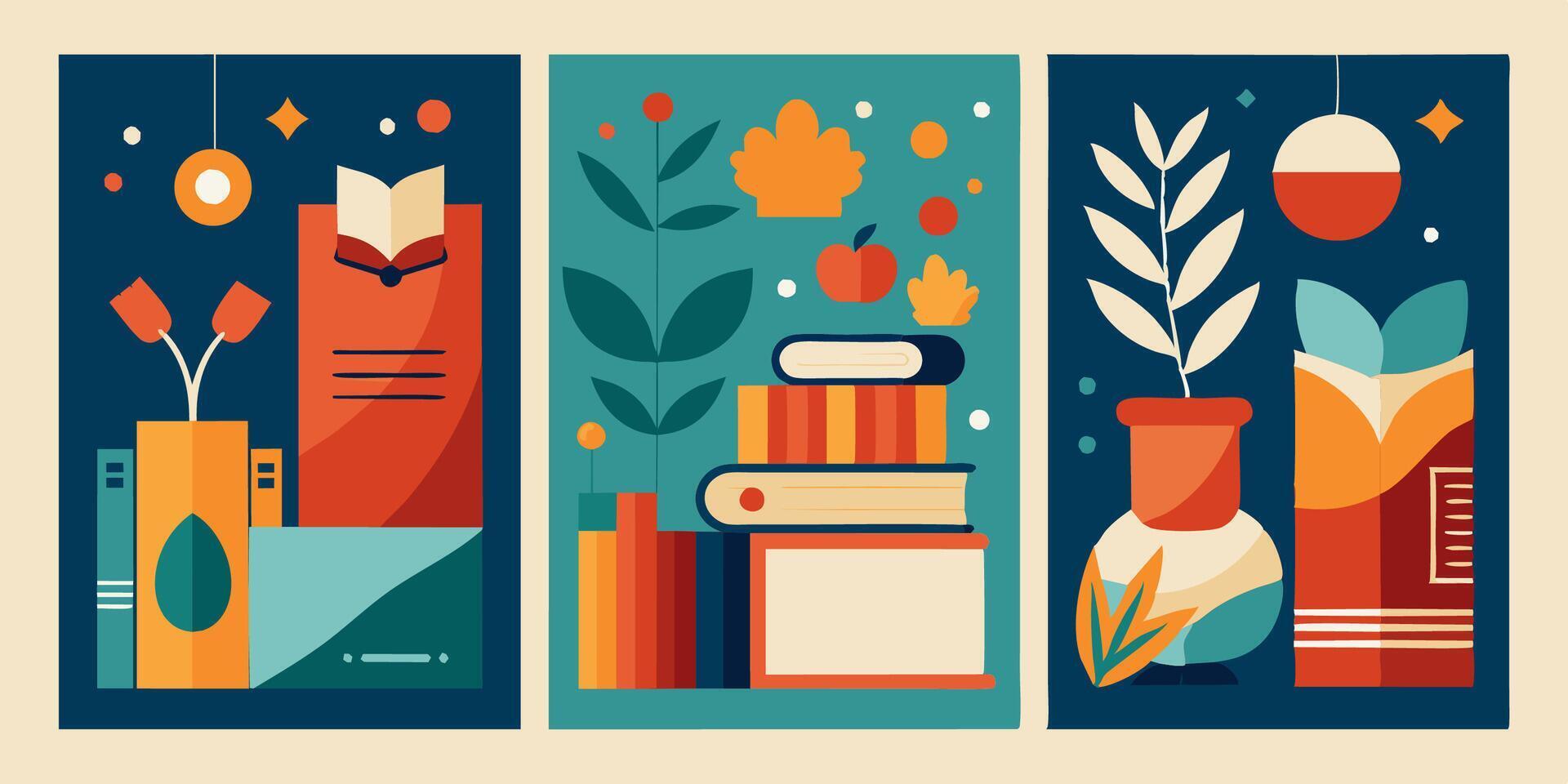 A set of three colorful posters featuring books, flowers, and vases vector