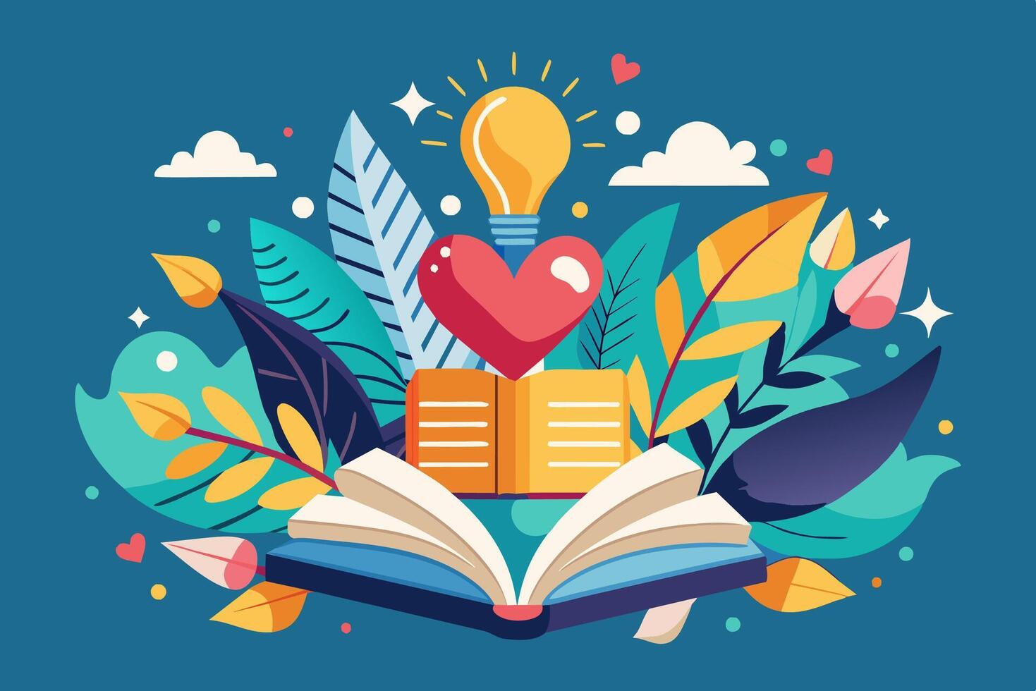 Open book with heart, light bulb, surrounded by leaves vector
