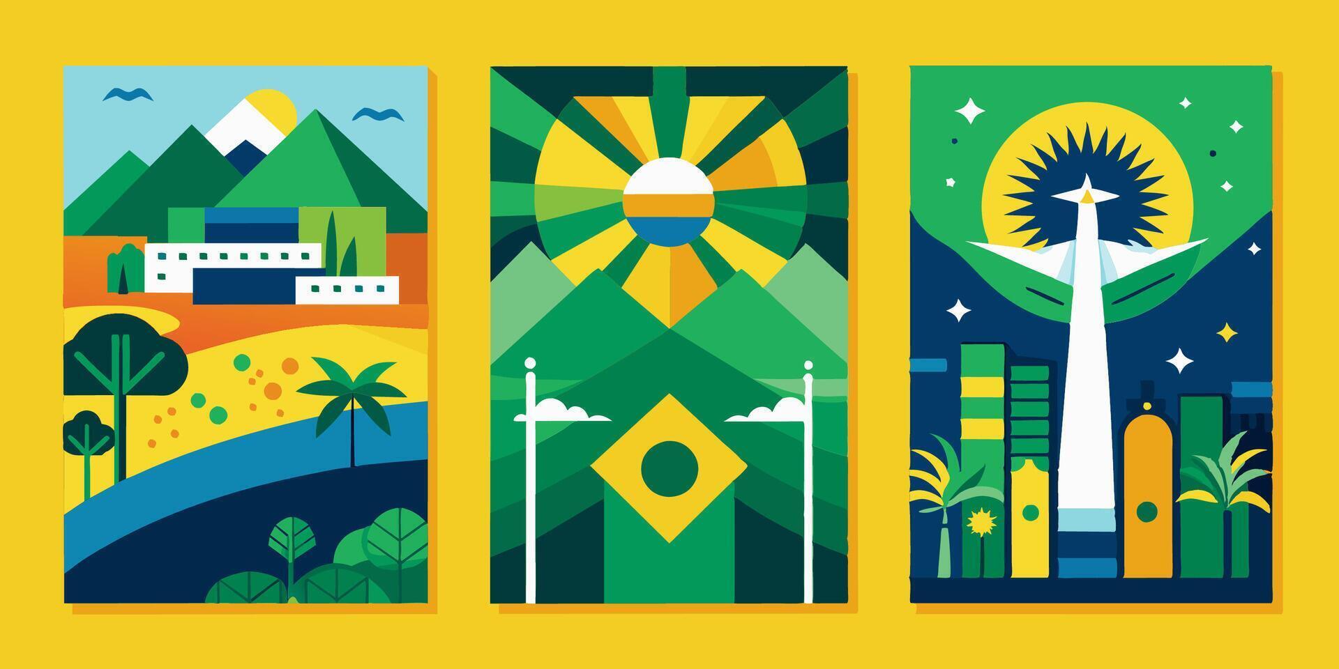 Three posters of landscapes and buildings on yellow background vector