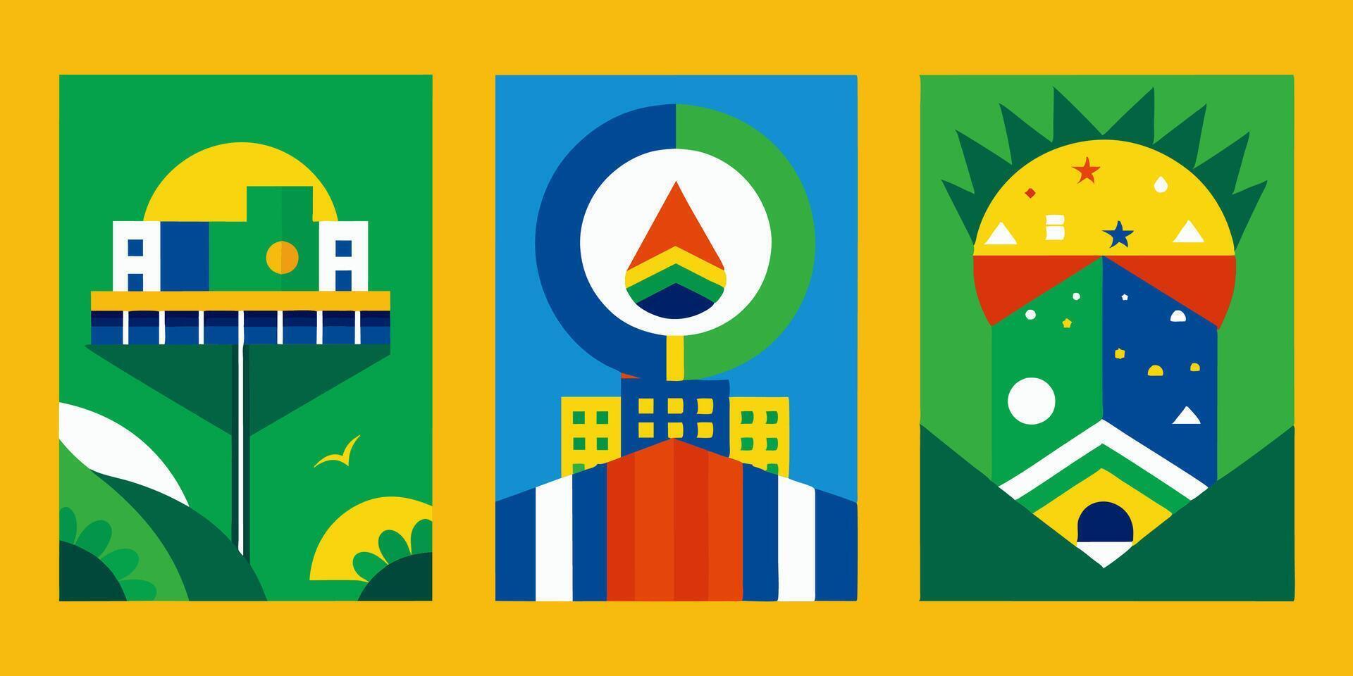 A set of three colorful posters with a vibrant yellow background vector