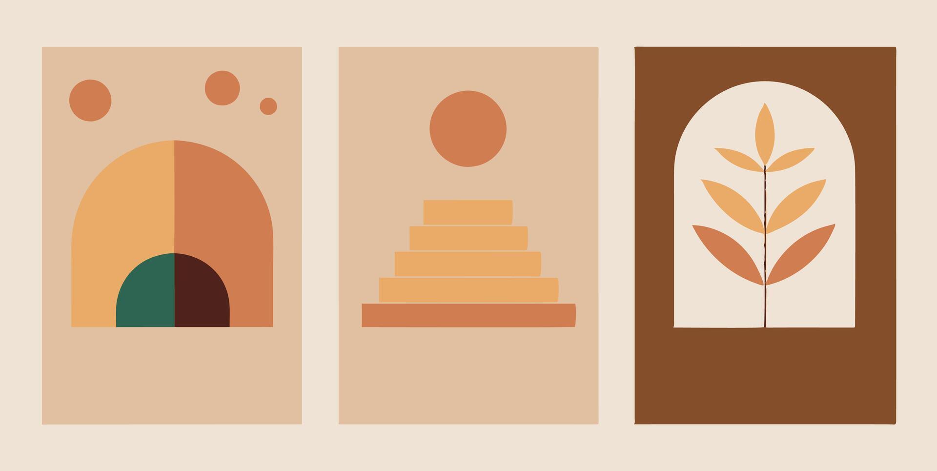 Three posters with shapes and leaves create a harmonious composition vector