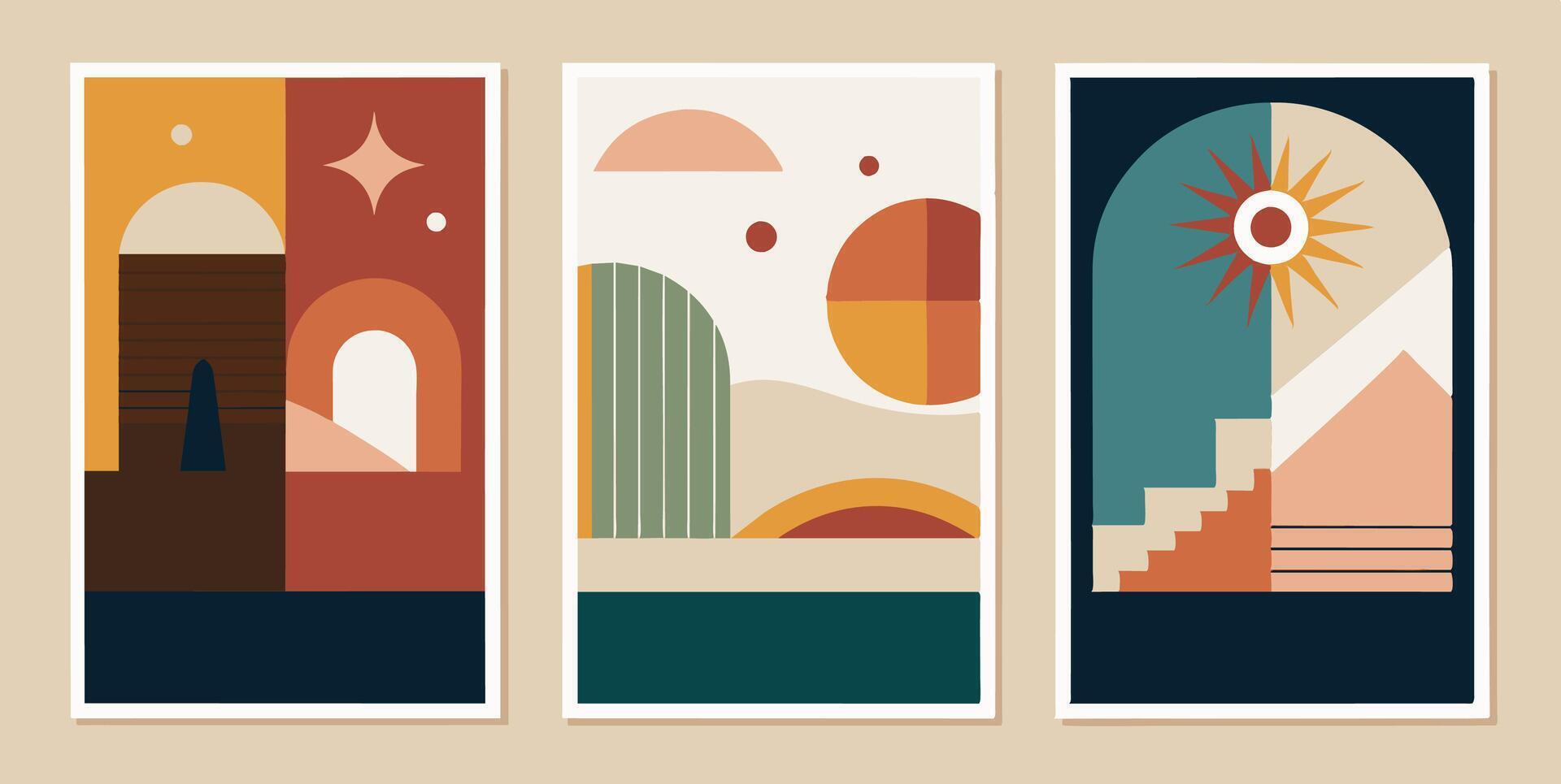 A collection of three posters featuring geometric shapes and scenic landscapes vector