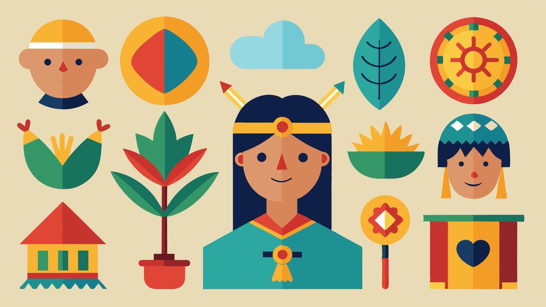 Cartoon depicting a Native American woman surrounded by symbolic elements vector