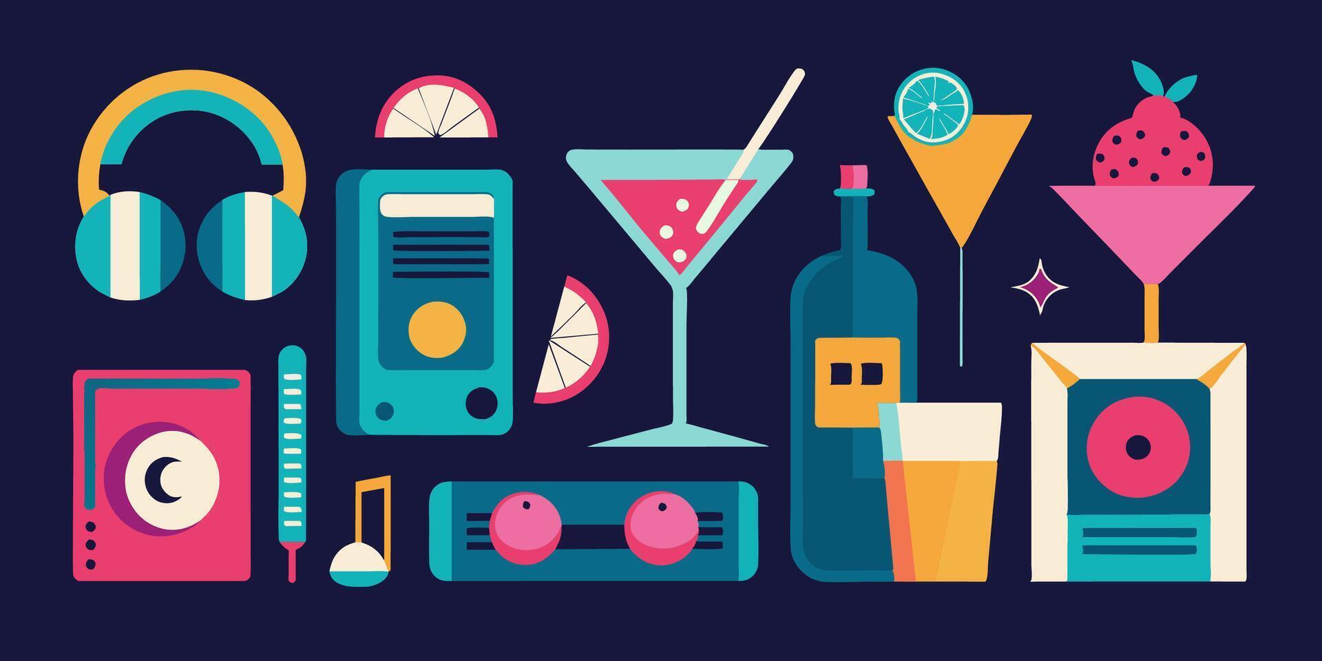 Icons of music and drinks on a dark blue background vector