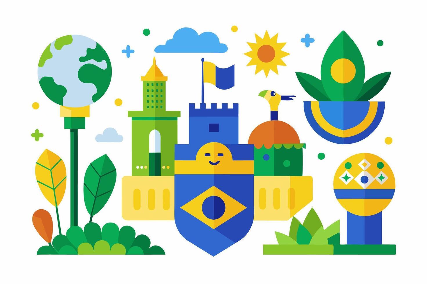 Colorful illustration of castle surrounded by plants and buildings vector