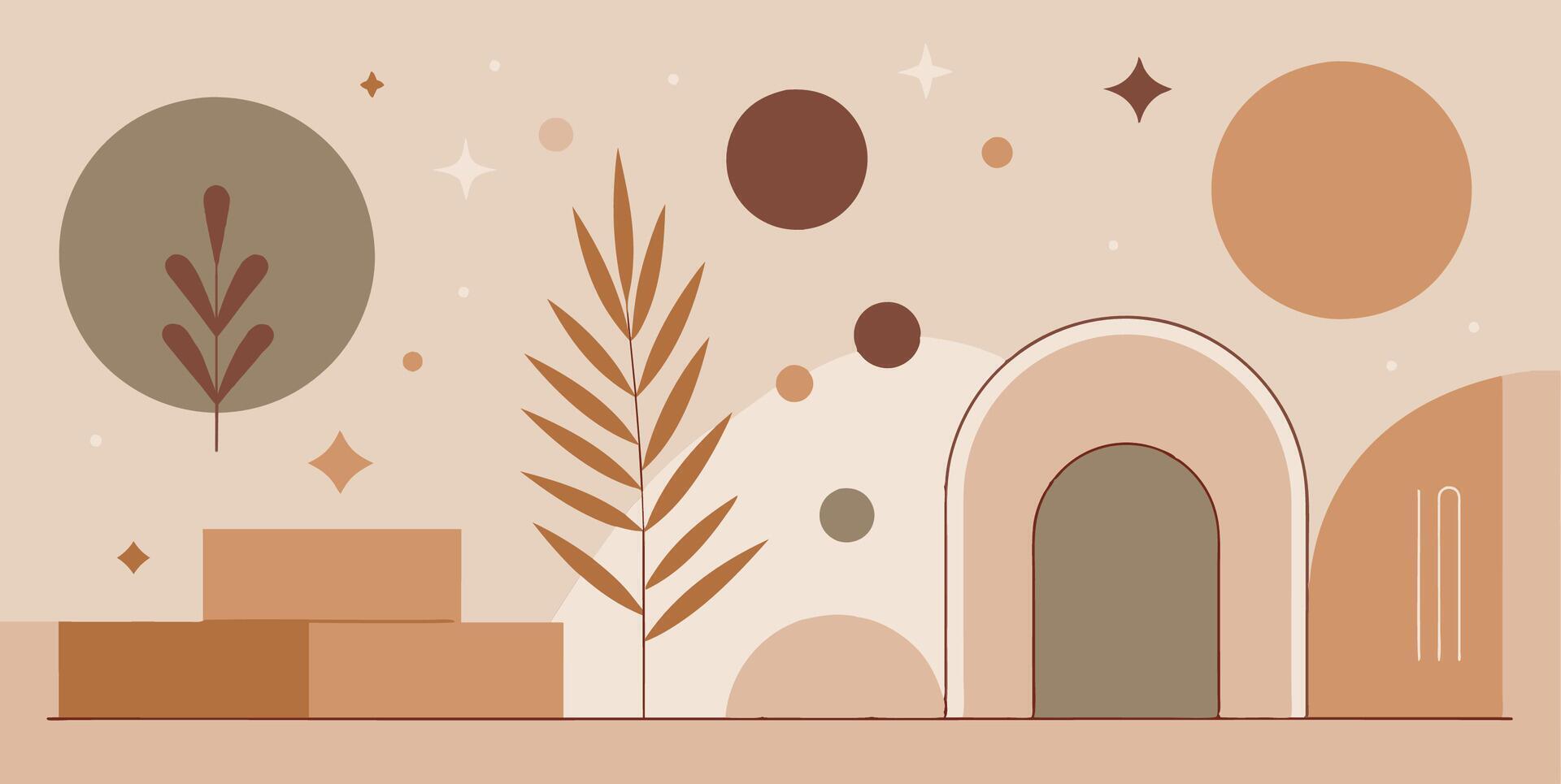 Geometric shapes and leaves on beige background make artistic composition vector