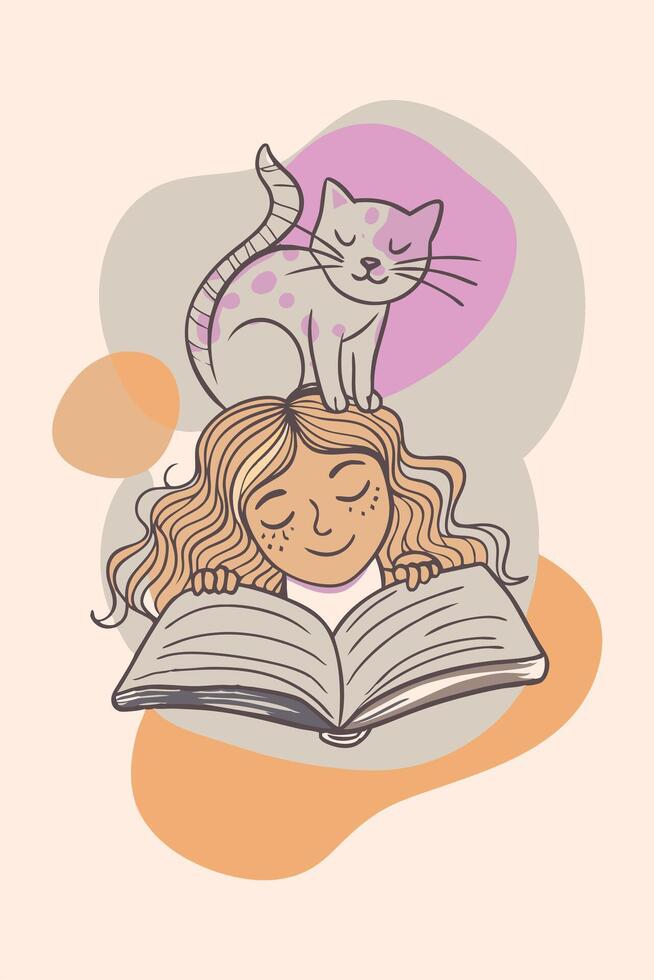 A cute girl is enjoying a book while a cat relaxes on her head vector