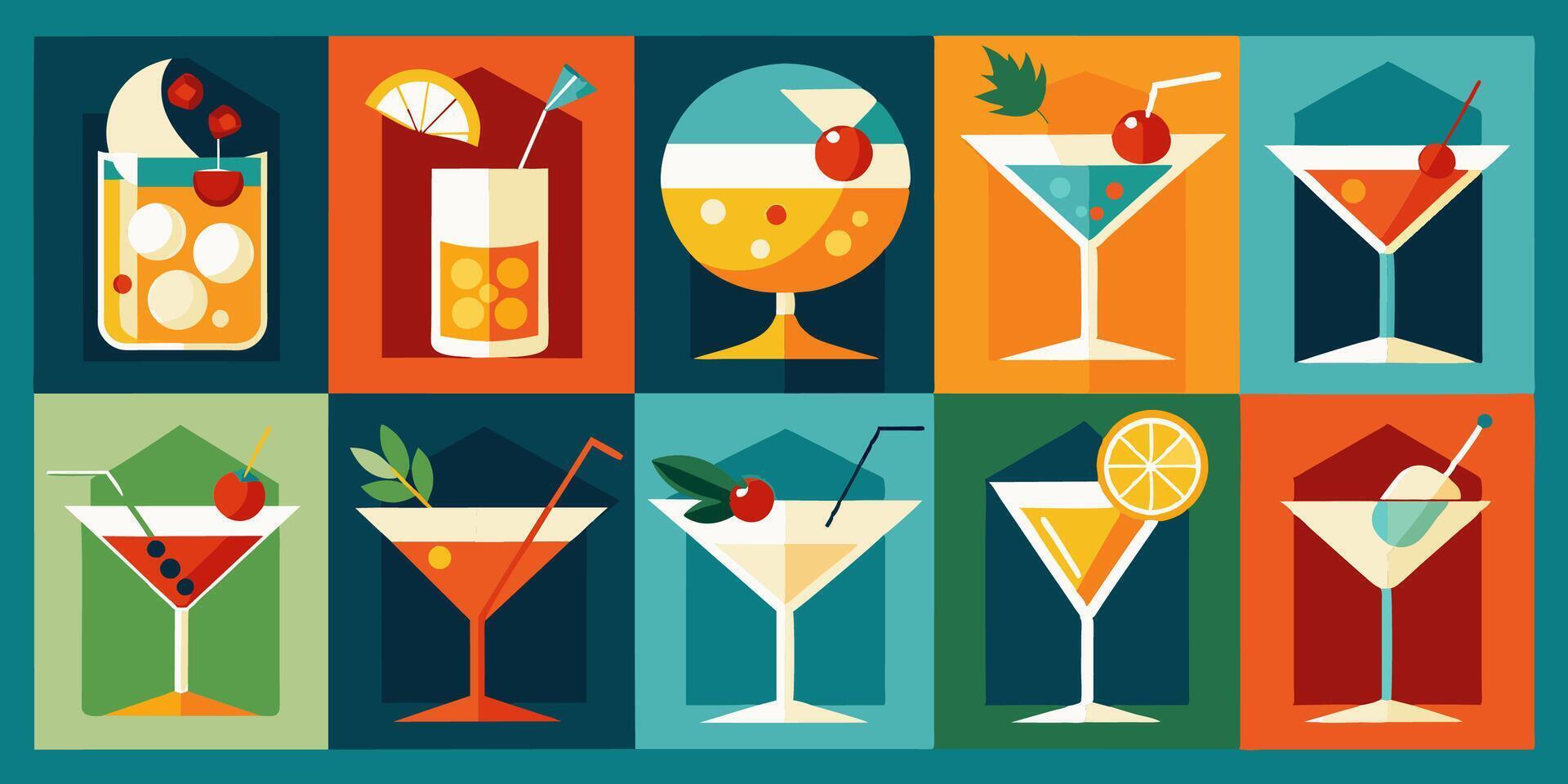 A collection of various cocktails served in martini glasses vector