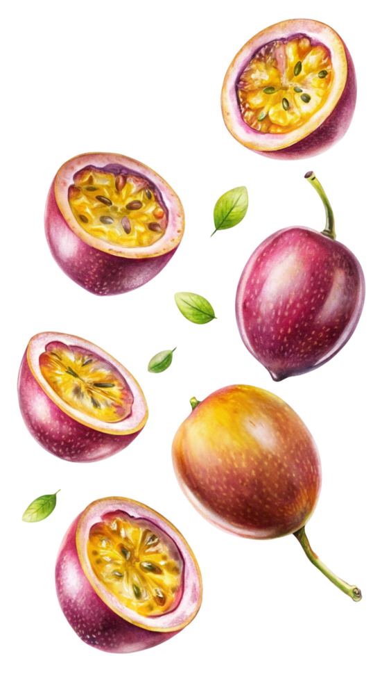 Flying Passion Fruits Hand Drawn Image png