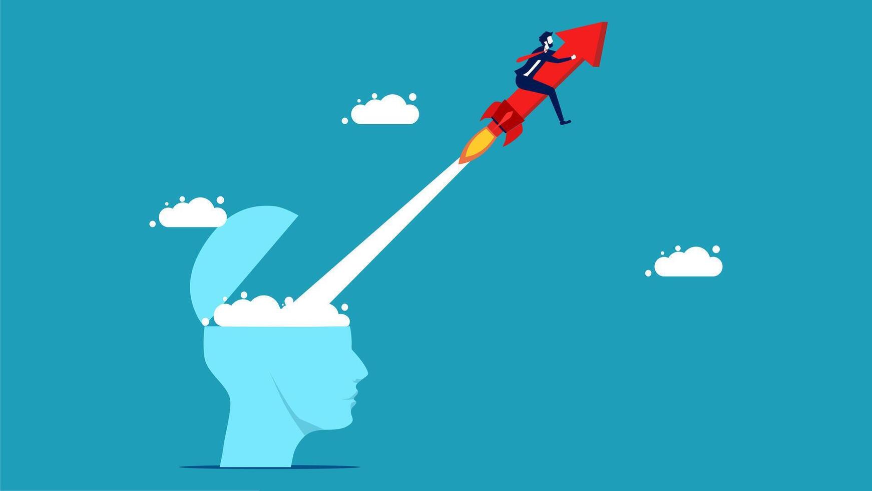 businessman flying on rocket to the top of the head vector