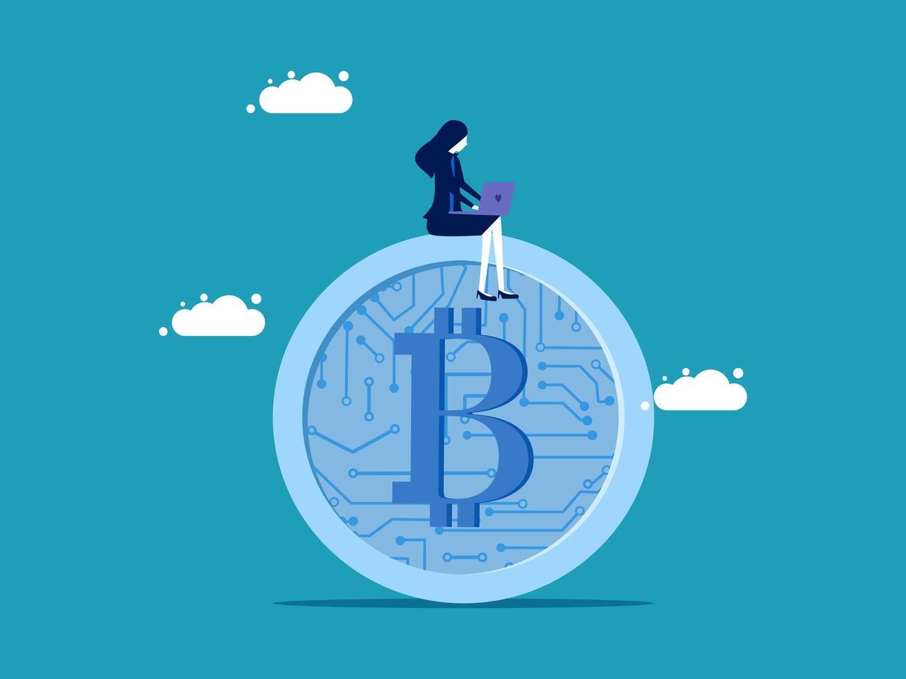 a woman sitting on top of a bitcoin vector