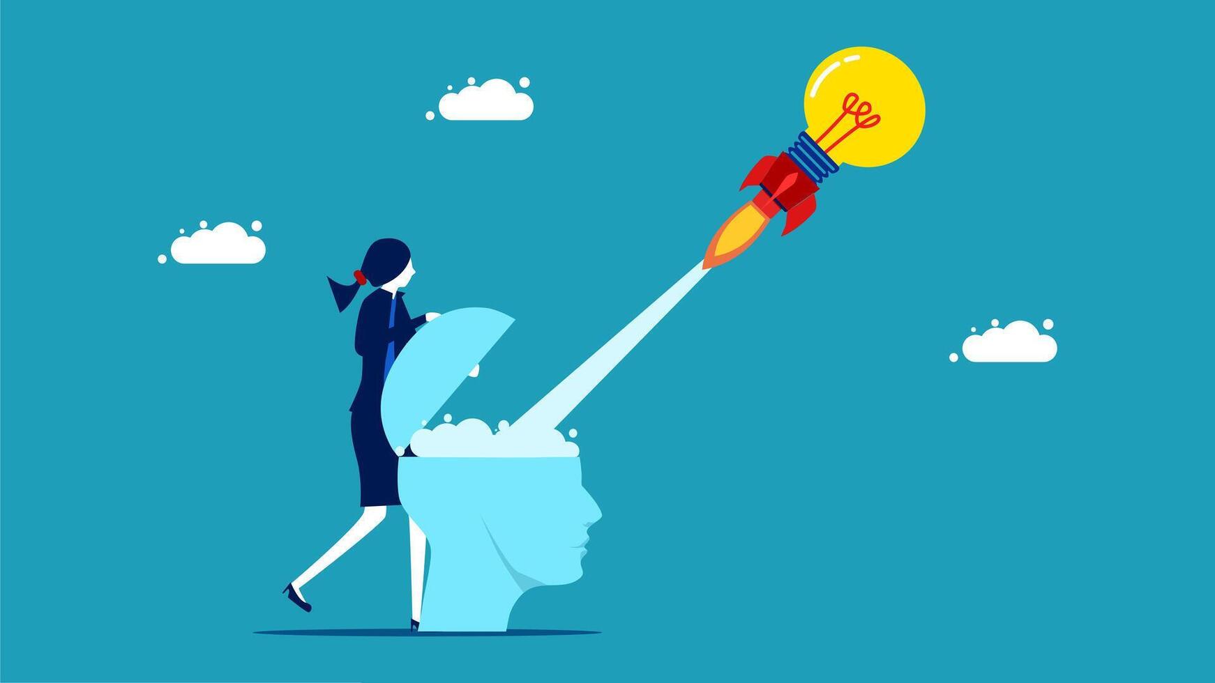 businesswoman with a rocket on her head and a light bulb vector