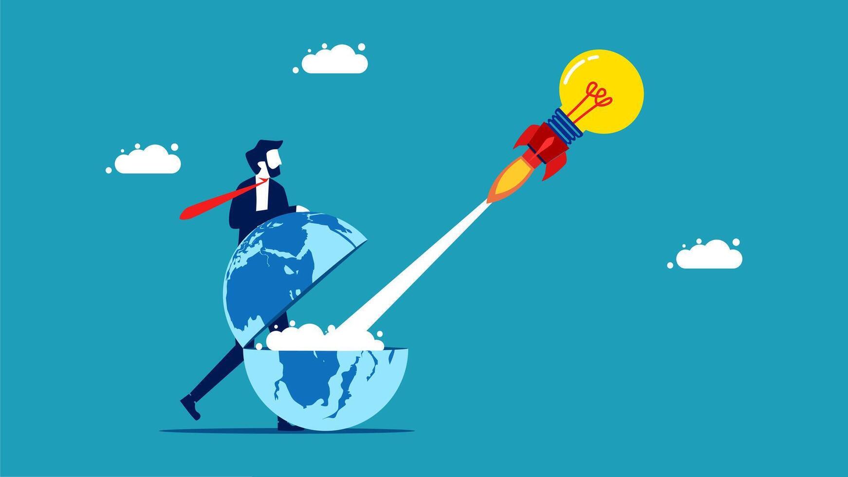 businessman launching a rocket on the earth vector