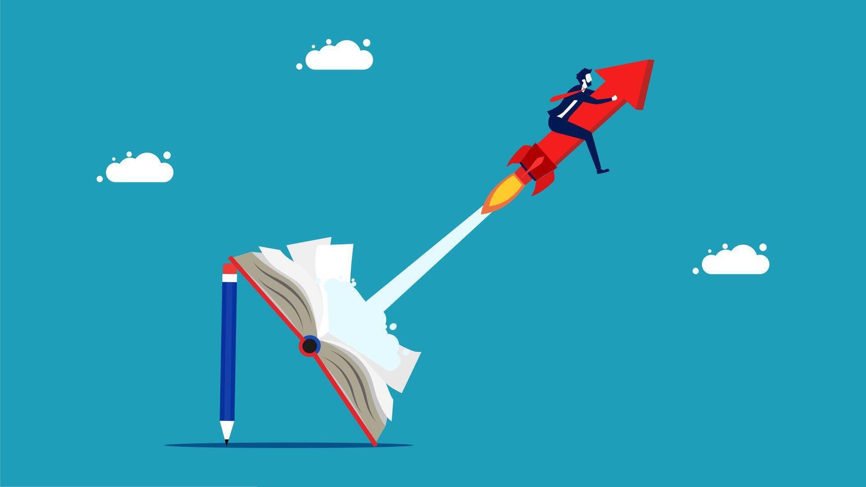 businessman flying on a rocket to the top of a book vector