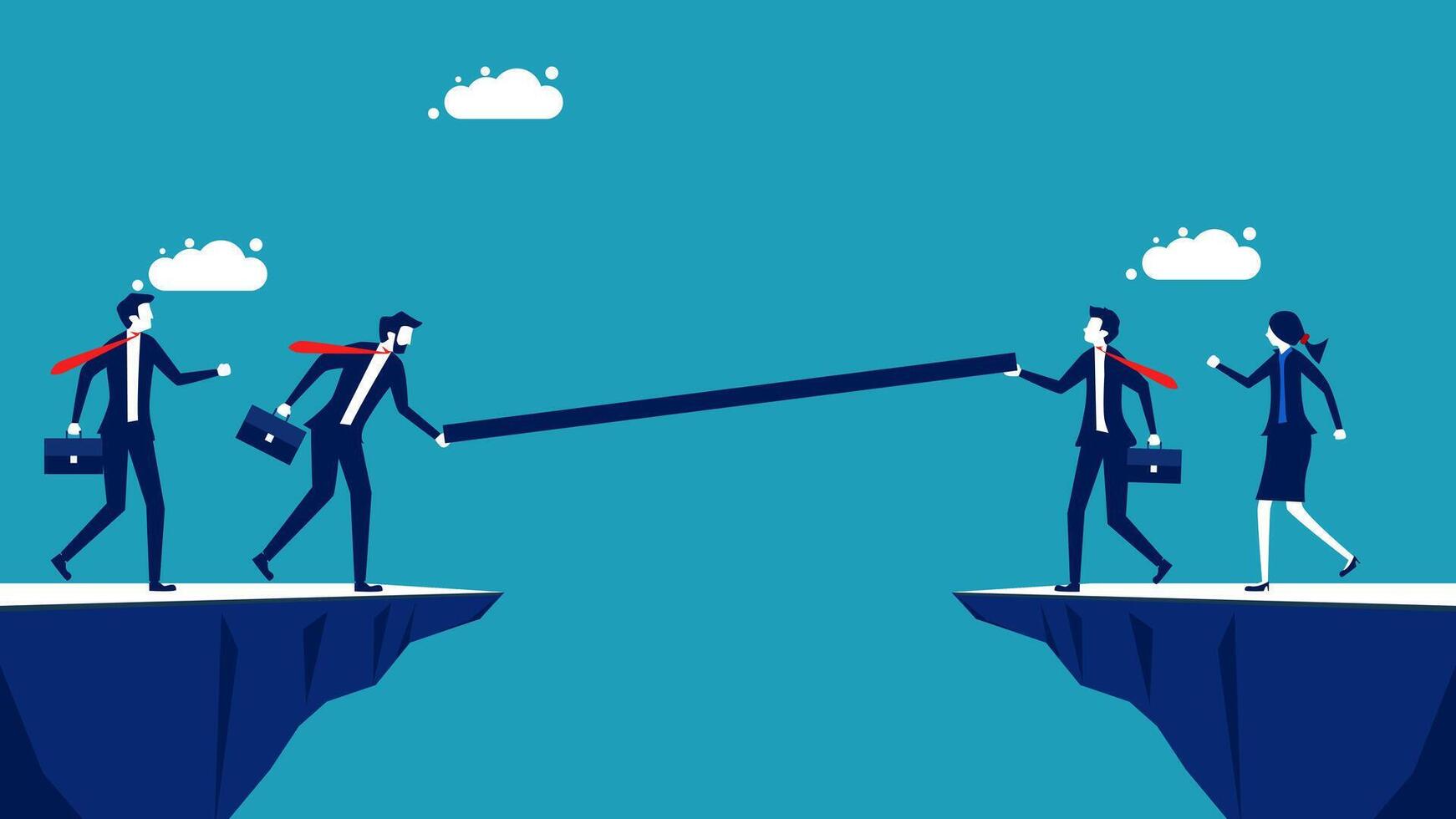 business people pulling a rope across a cliff vector