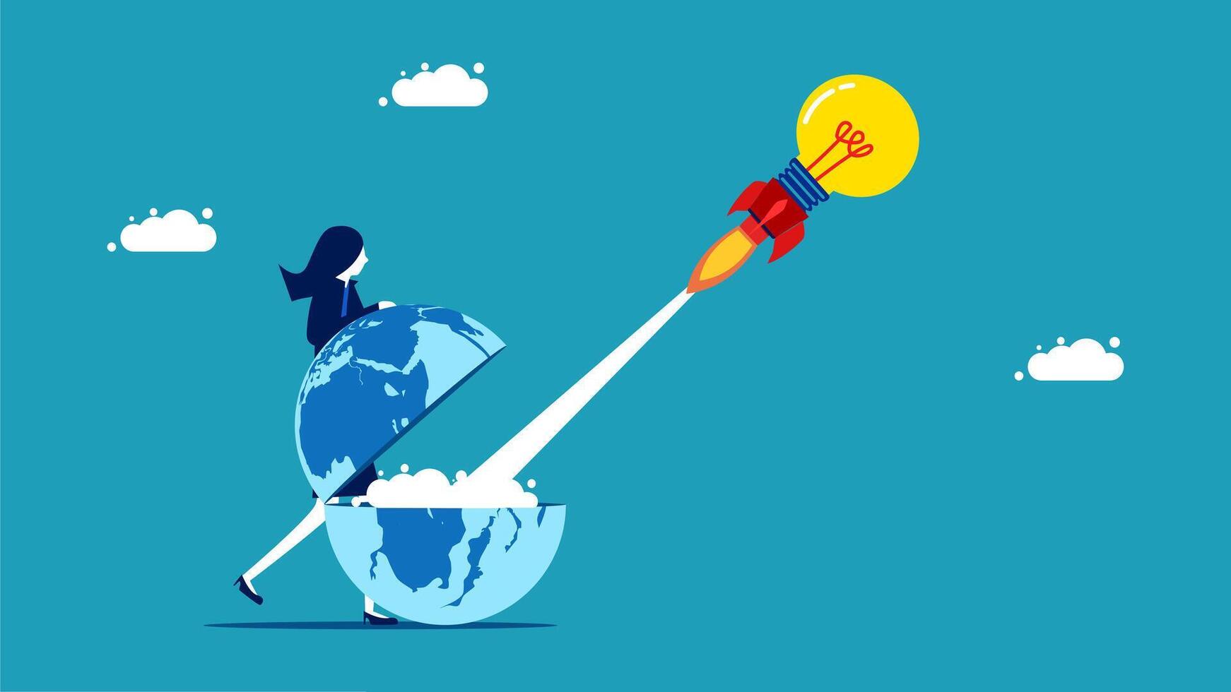 a woman is flying on a rocket with an idea light bulb vector