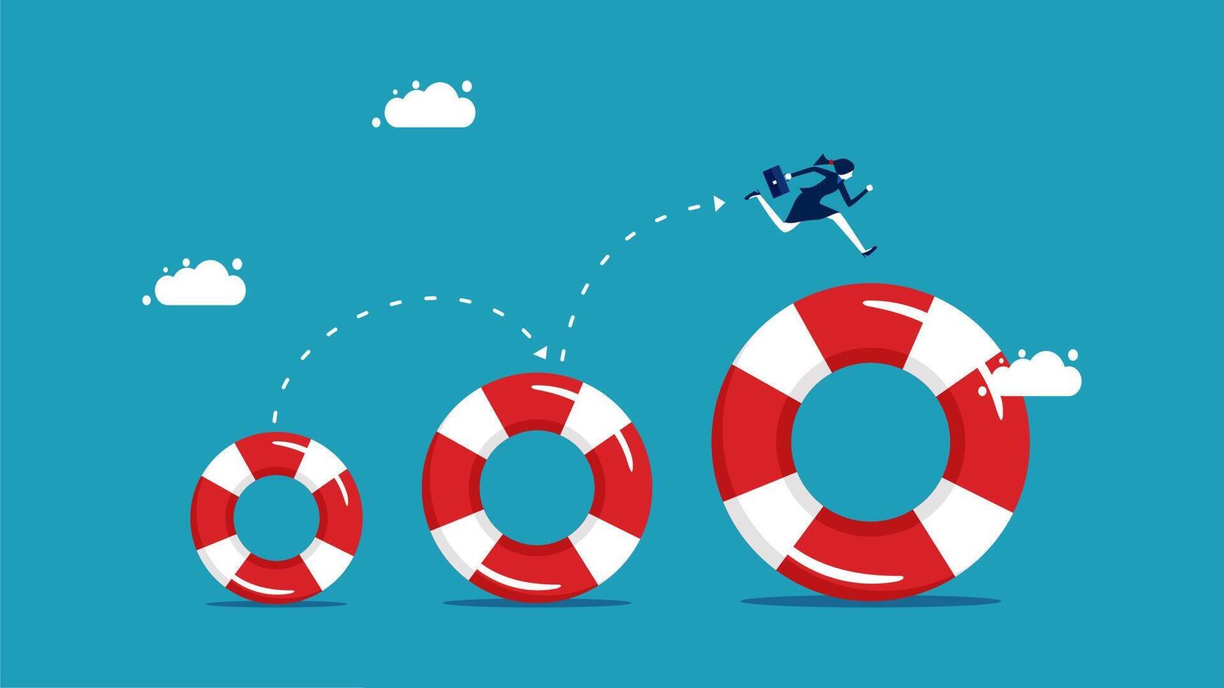 businessman jumping on life preserver to reach the top of the ladder vector