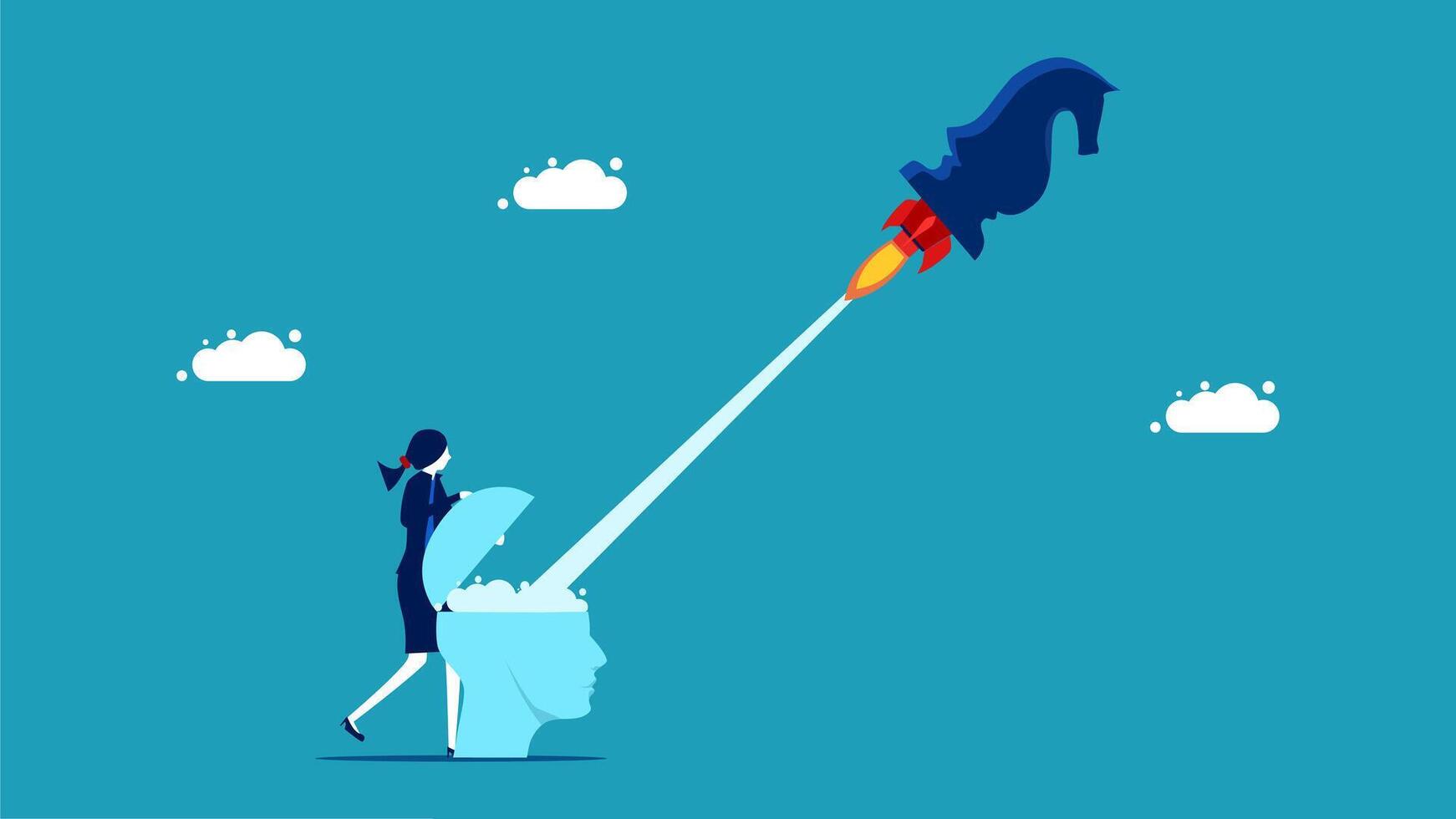 businesswoman with rocket on her head, business concept, flat design vector