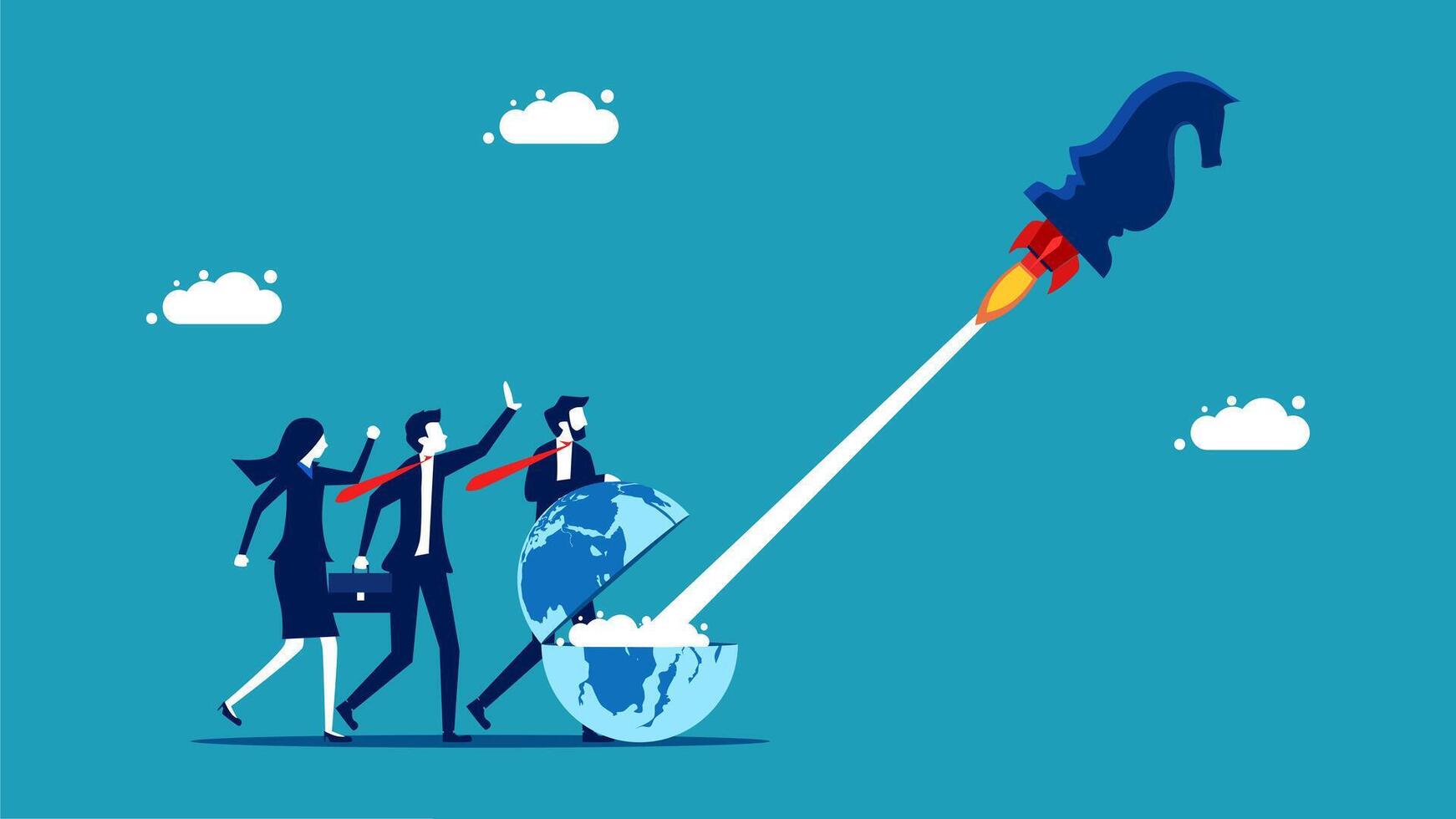 business people are standing around a rocket with a globe on it vector