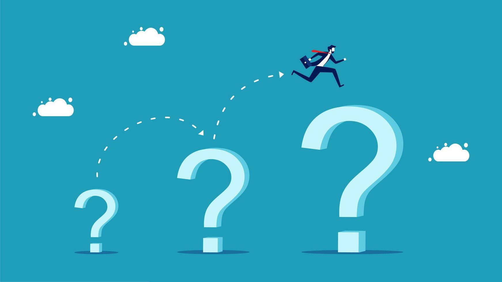 businessman running to the top of the question marks vector