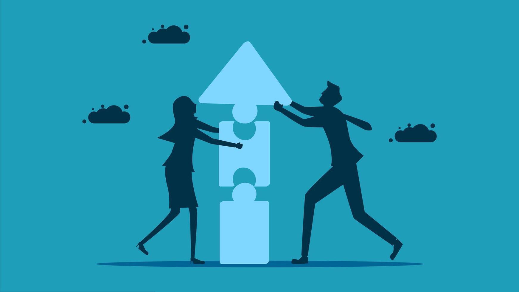 business people working together to build a giant arrow vector