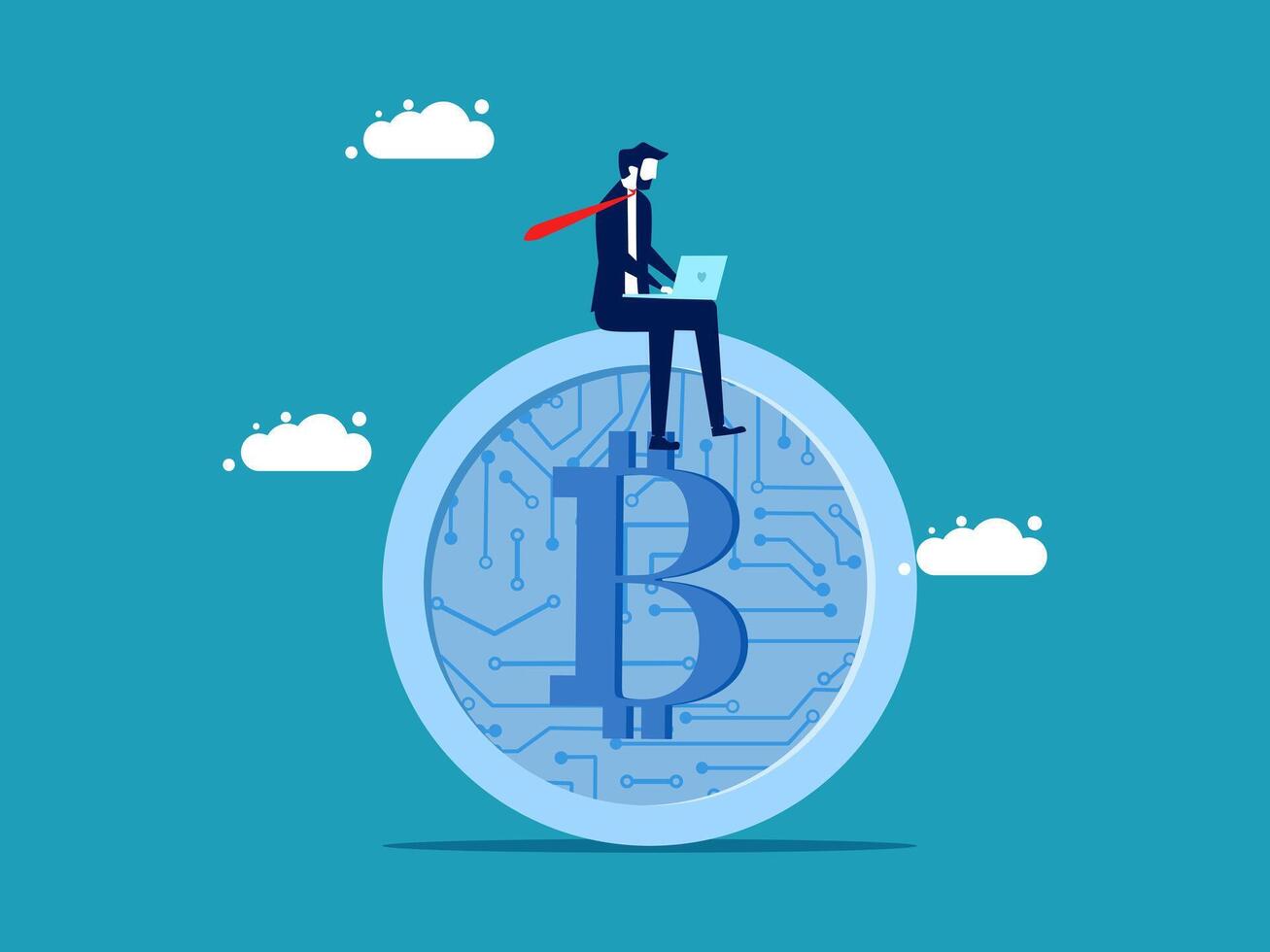 businessman sitting on top of bitcoin vector