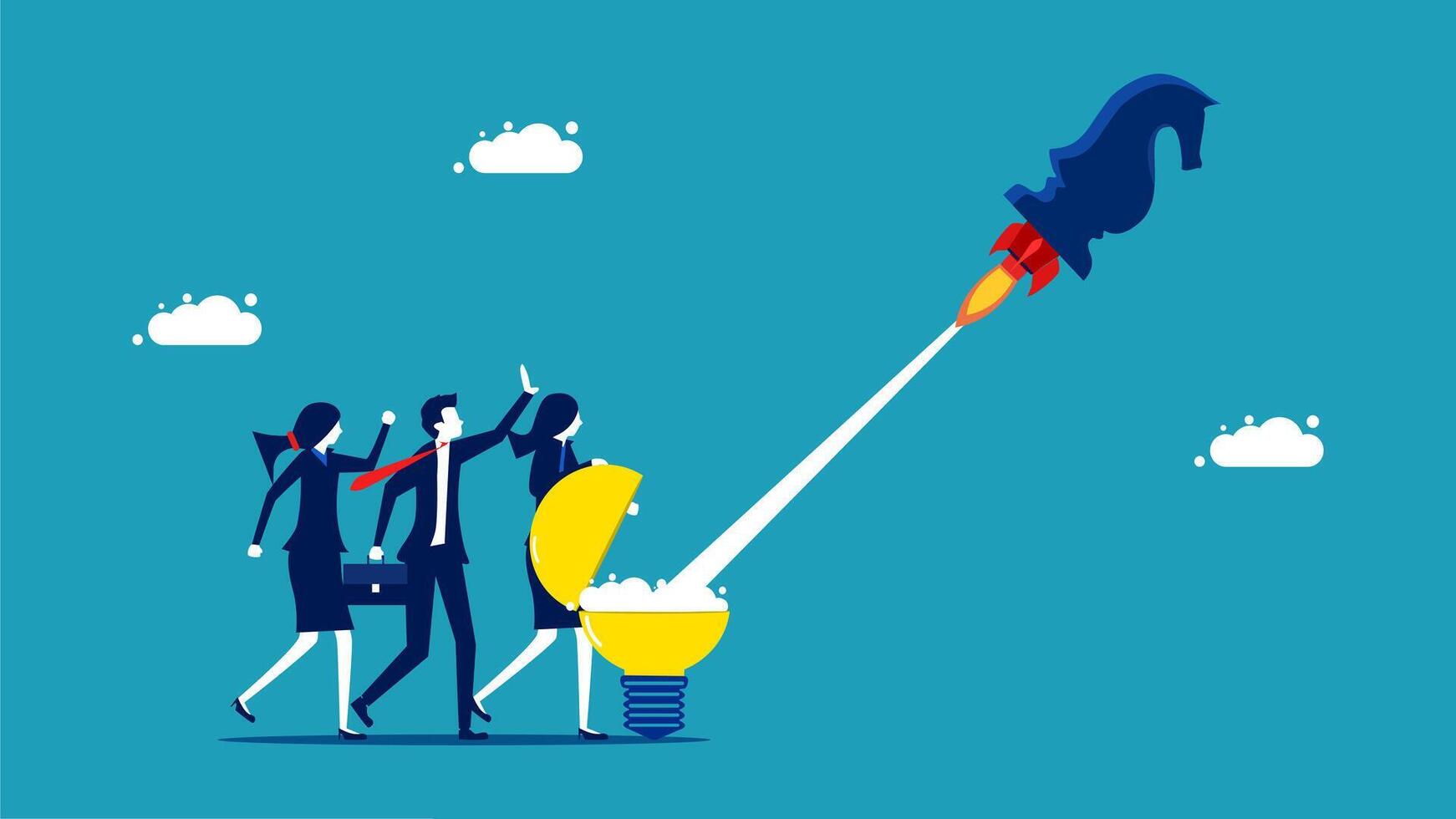 business people are standing around a rocket with a light bulb vector