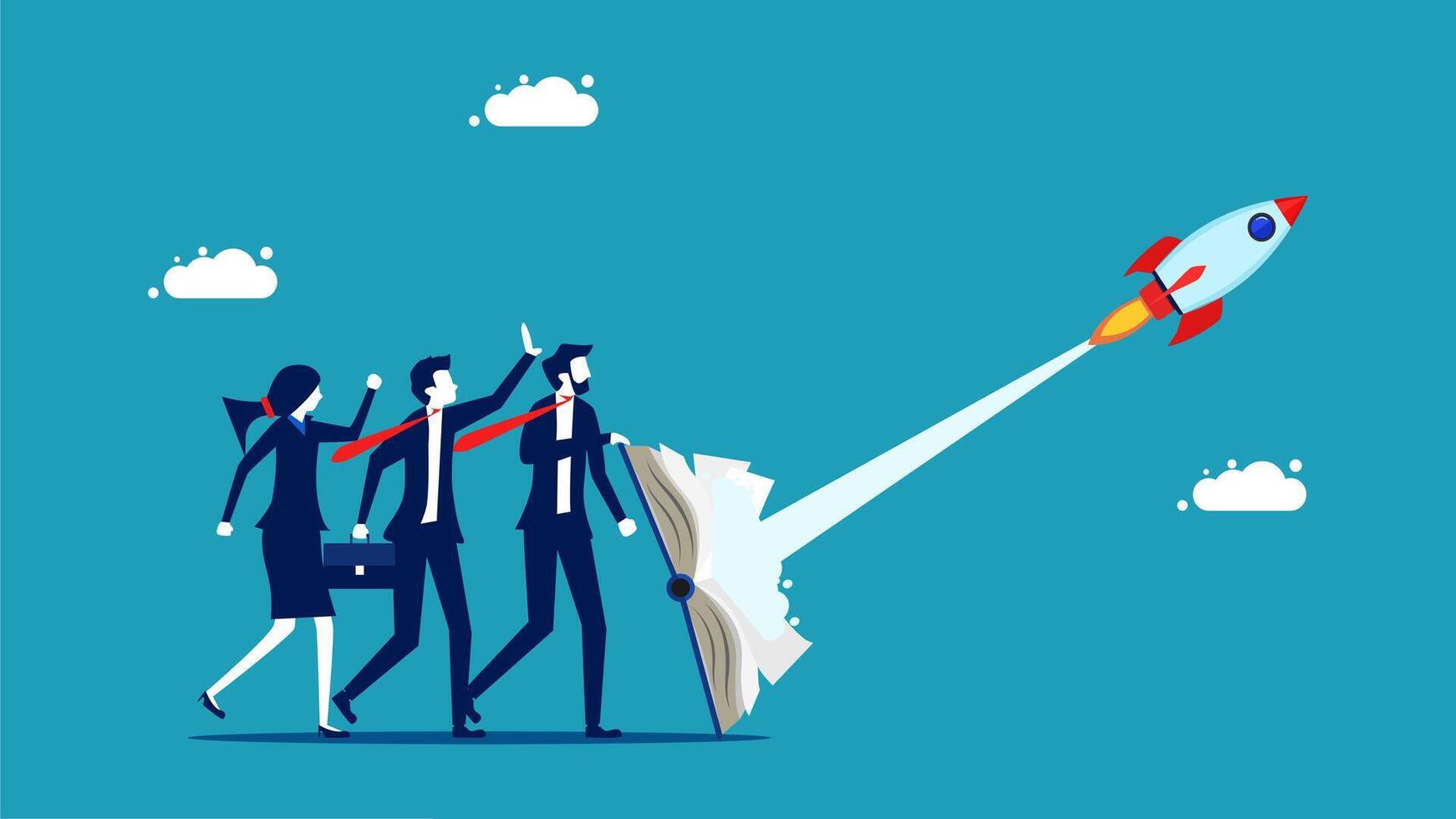 business people with rocket launching on blue background vector