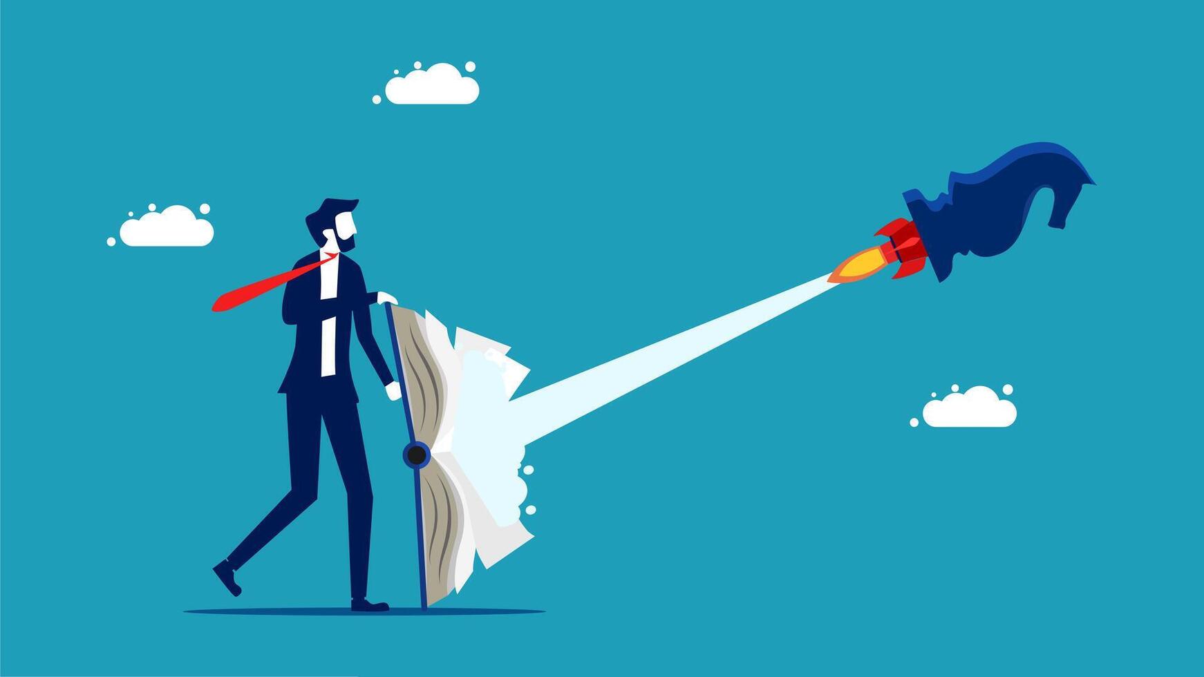 businessman with a rocket on his back and a paper bag vector