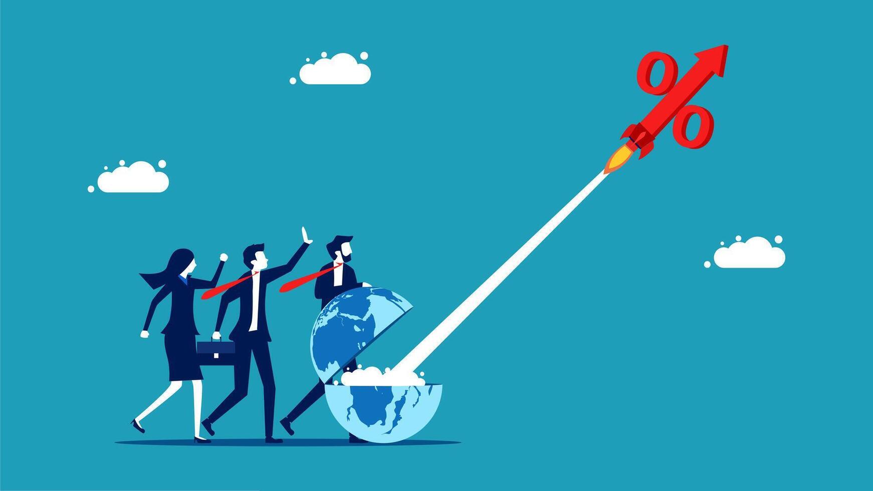 business people are holding a red arrow and pointing to the earth vector