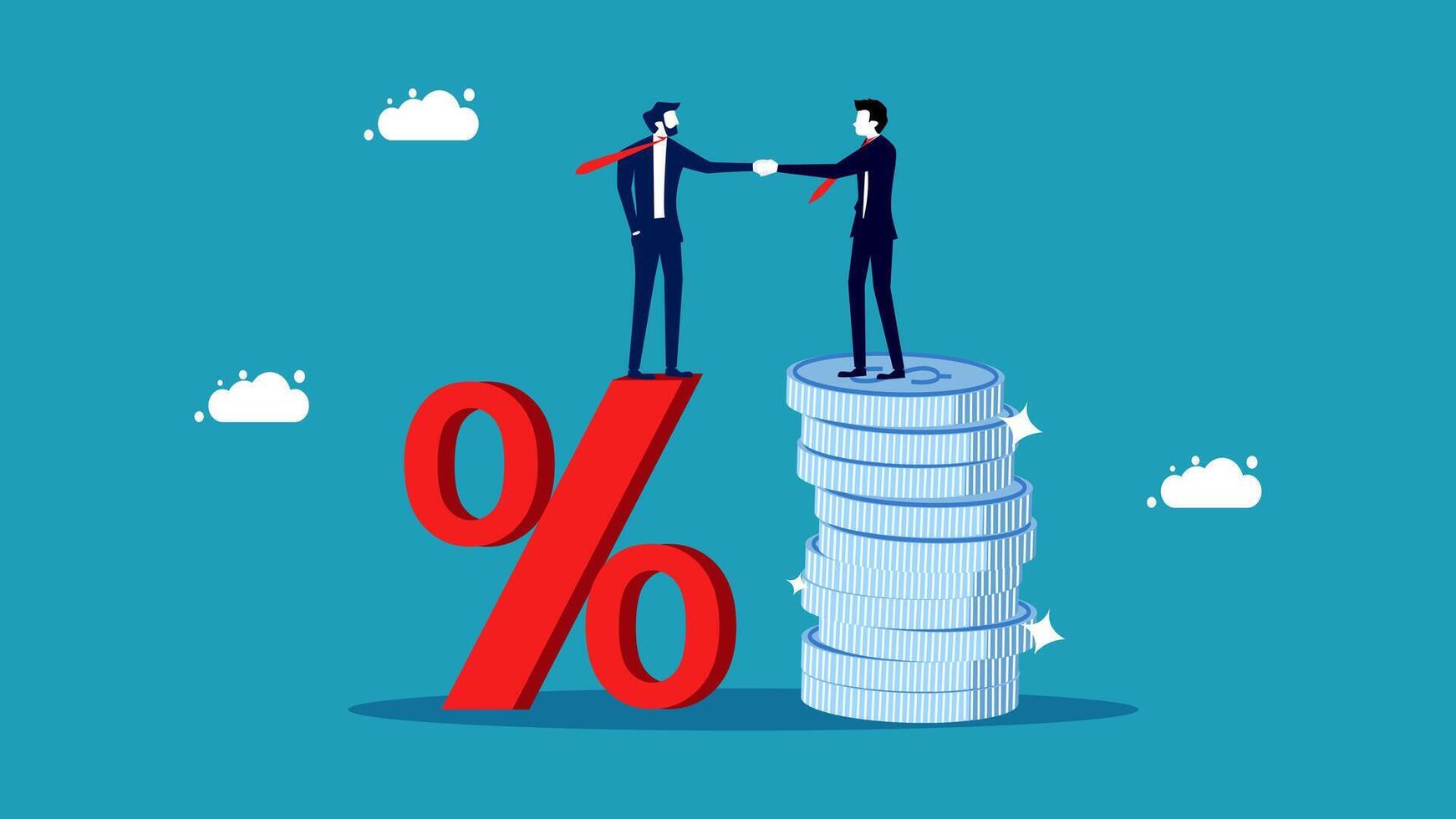 two businessmen shaking hands on top of stacks of money with percent sign vector