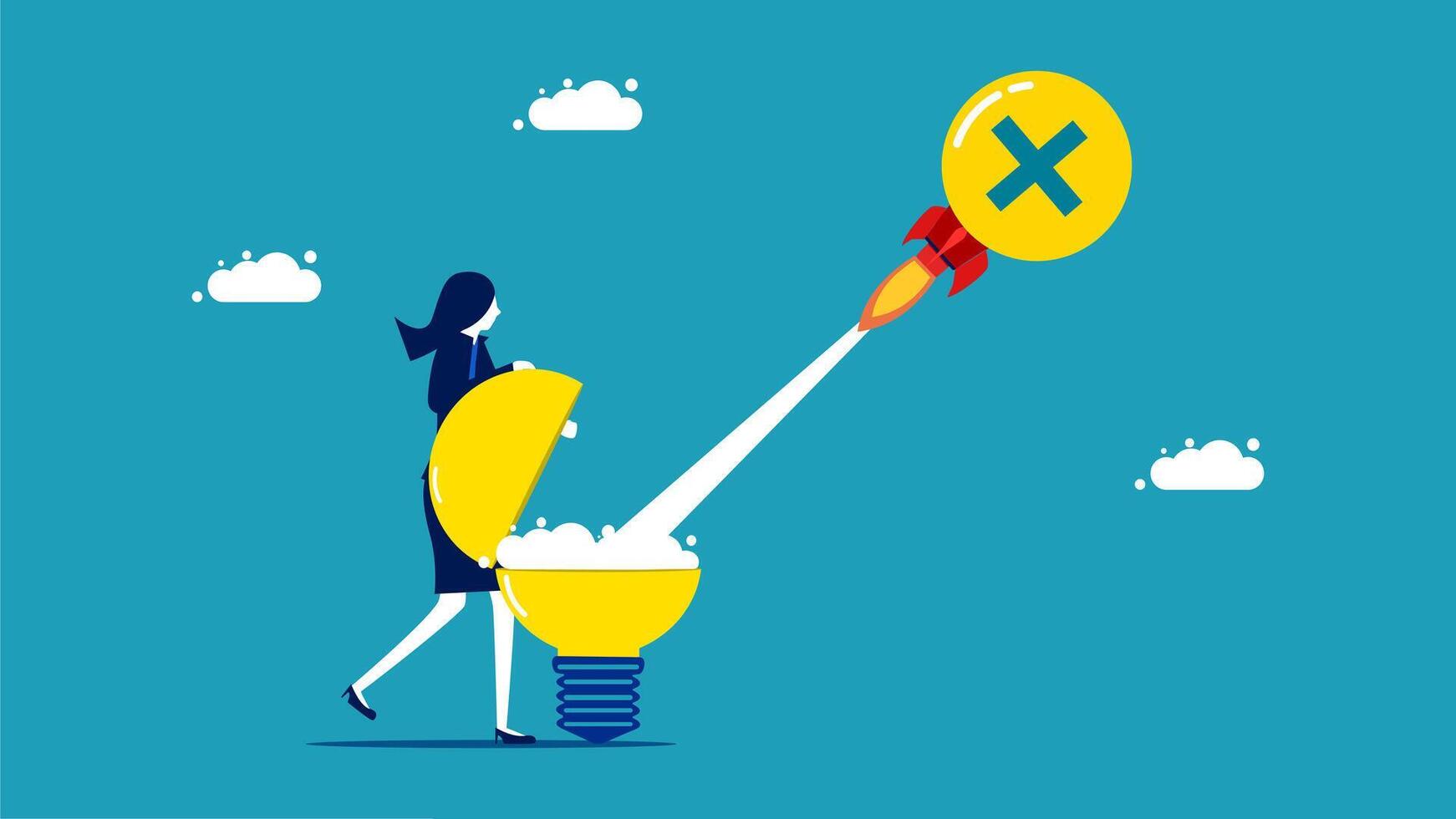 a woman is holding a light bulb with a rocket on it vector