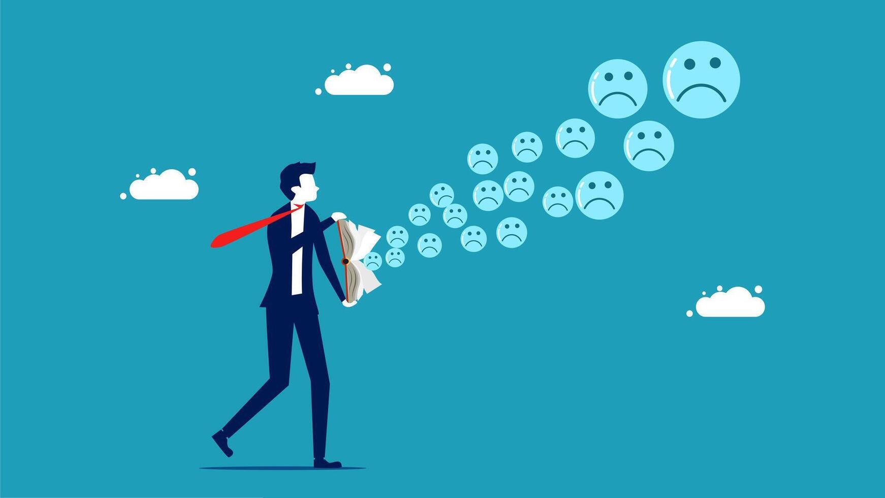 a man in a suit is holding a briefcase with a bunch of sad faces vector