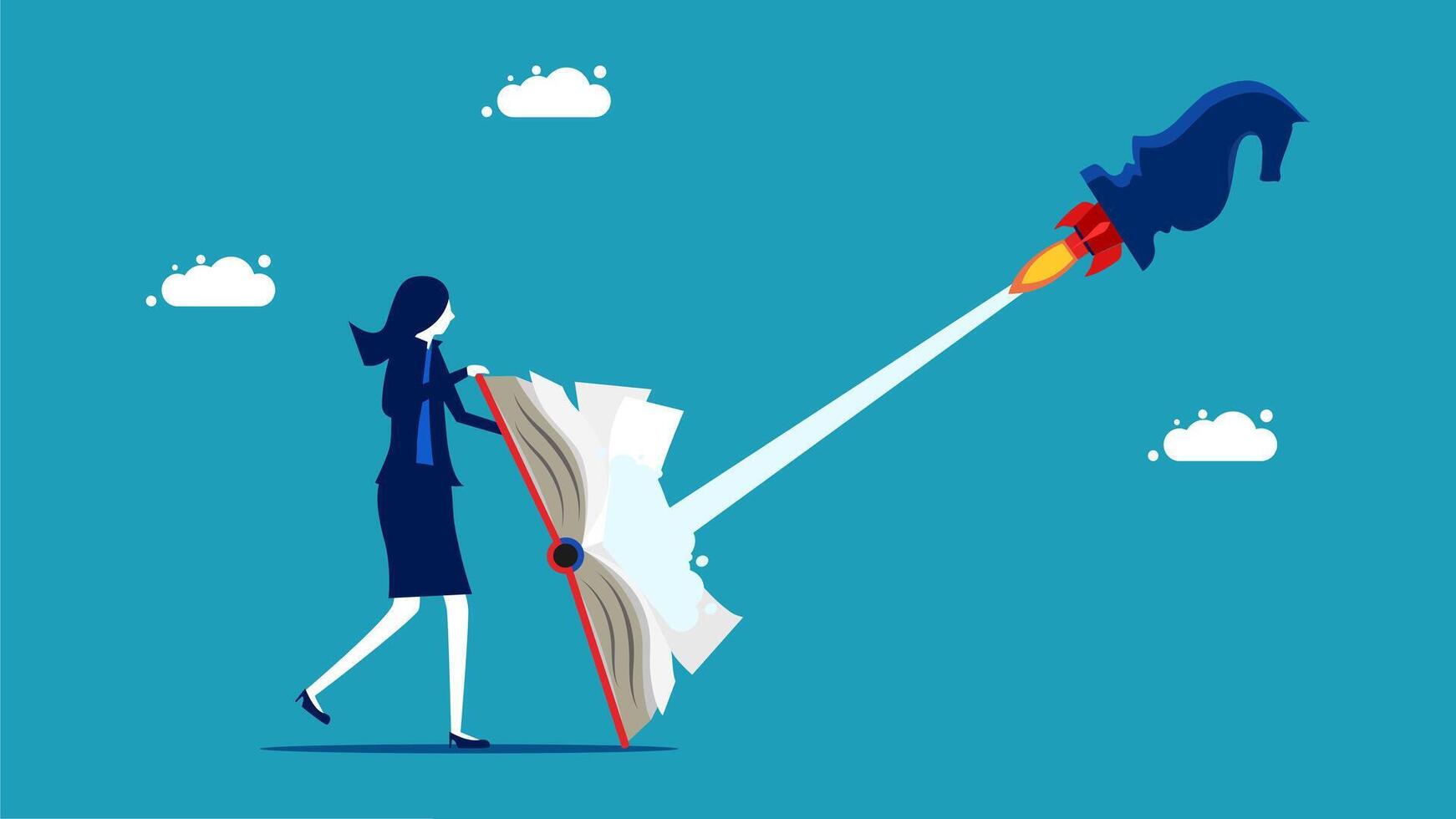 a woman is holding a book with a rocket horse strategy vector