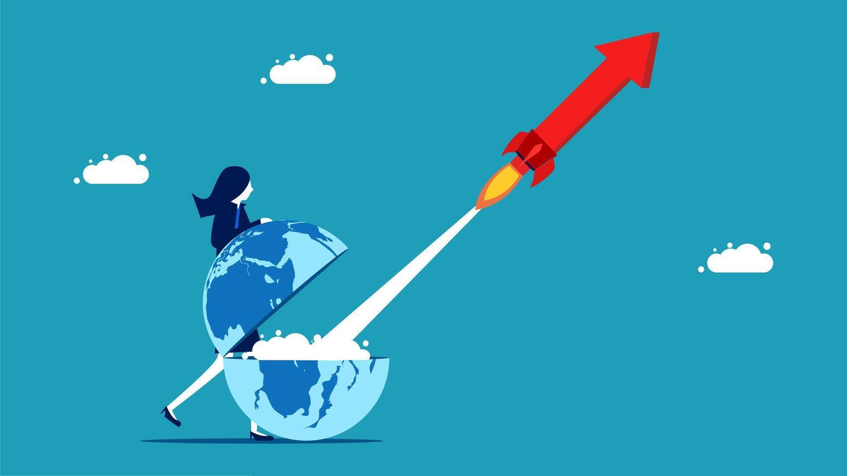 businesswoman with rocket on top of globe vector