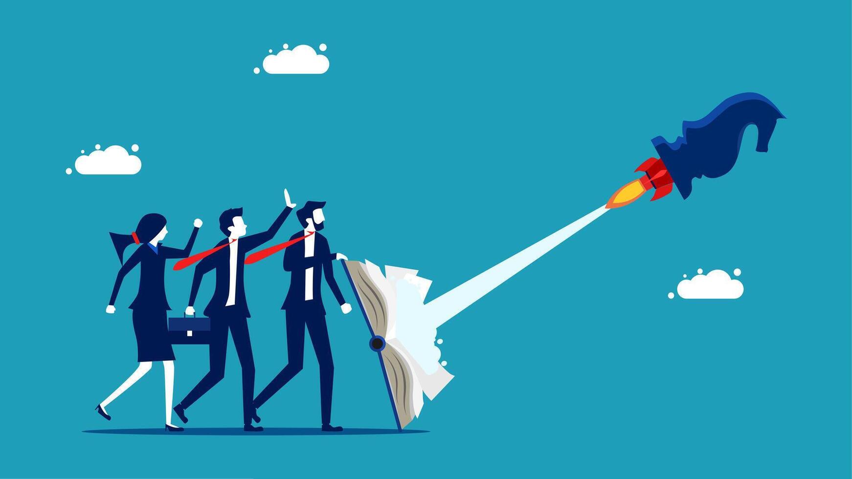 business people walking with a rocket on a blue background vector