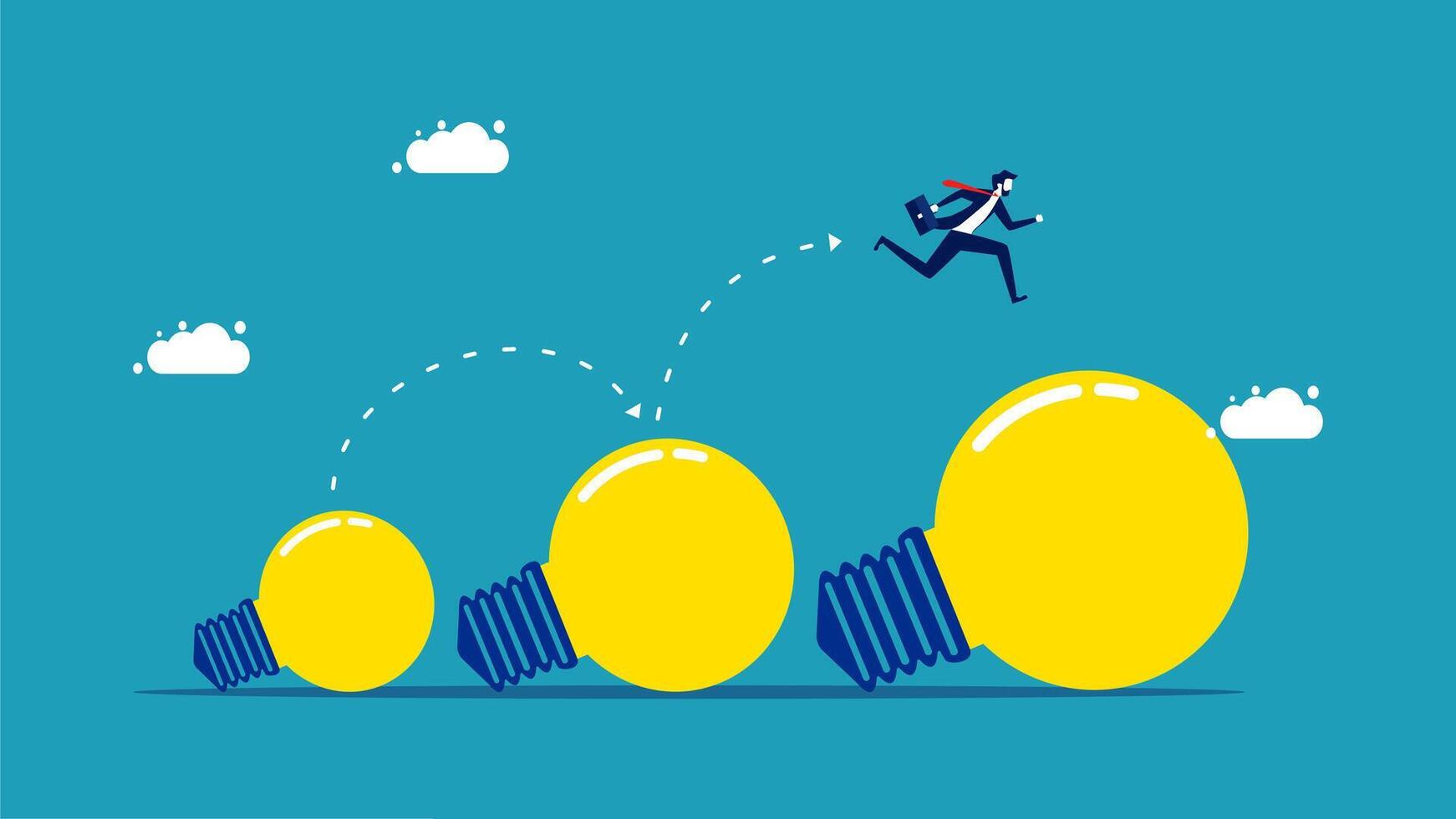 businessman running to light bulb on blue background vector