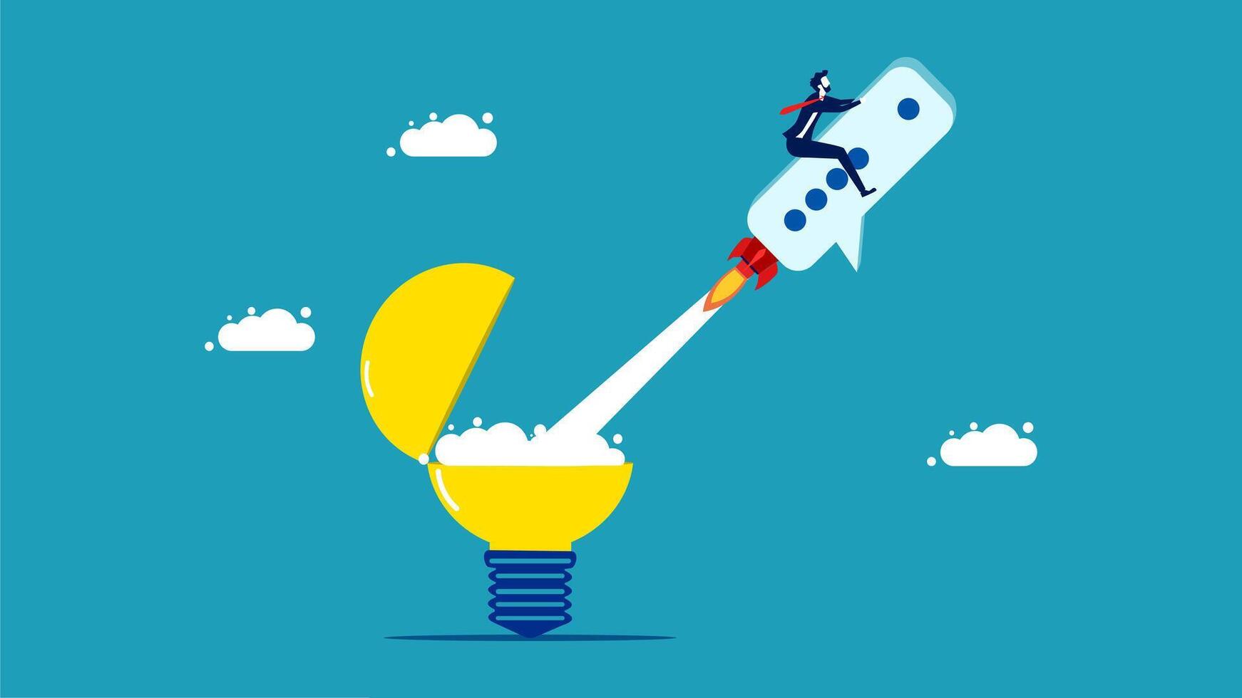 businessman flying on rocket to light bulb vector