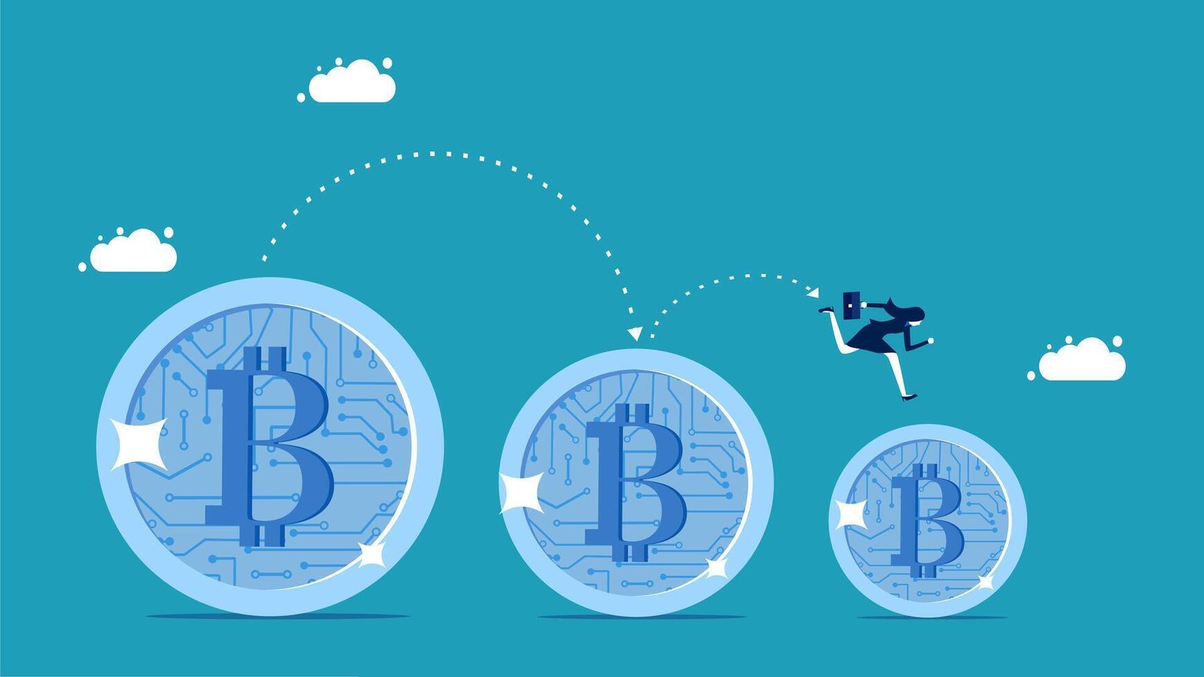 a man is jumping over a bitcoin coin vector