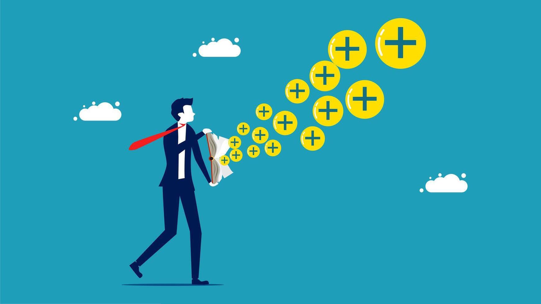businessman with money in his hand and a cloud of plus signs vector