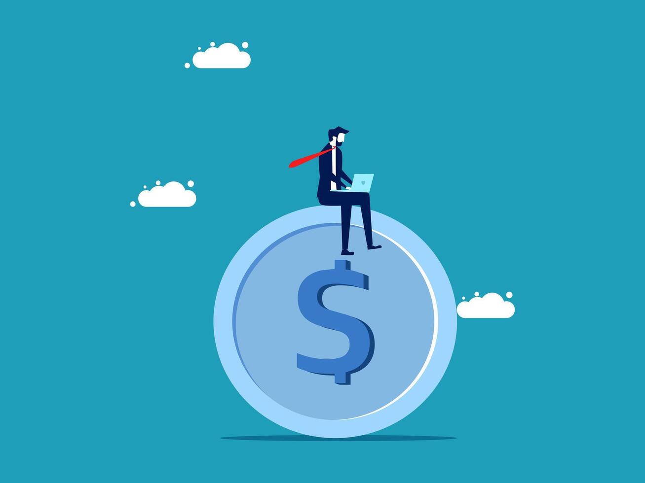 businessman sitting on top of dollar coin with cloud background vector