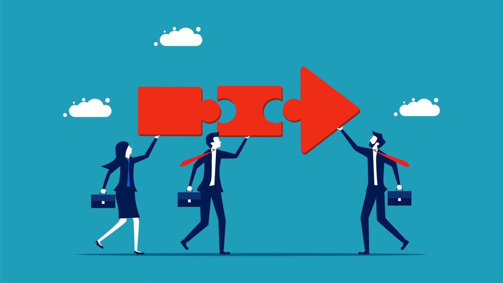 business people holding a puzzle piece with an arrow pointing to it vector