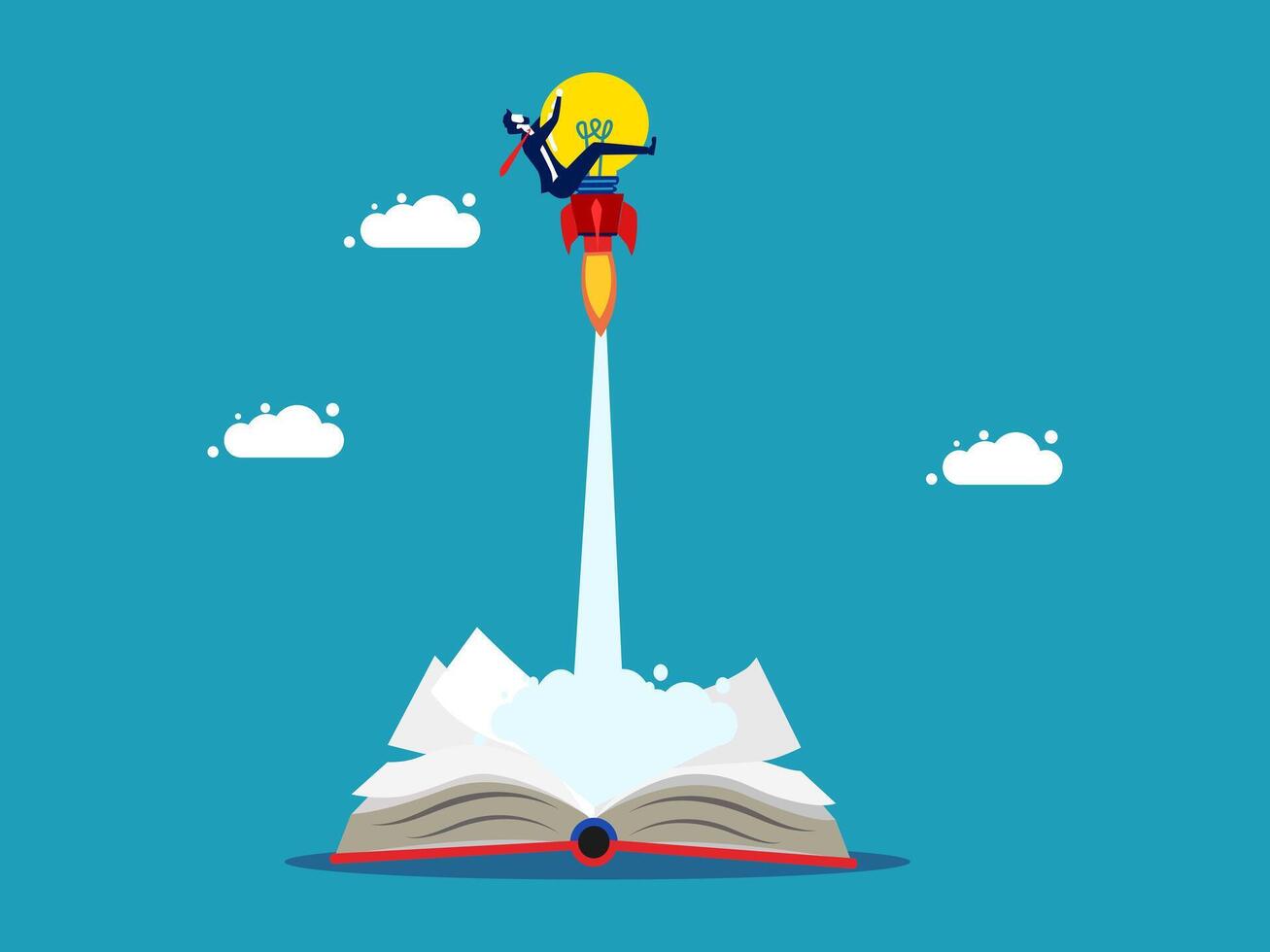 businessman flying on rocket book with open book and cloud vector