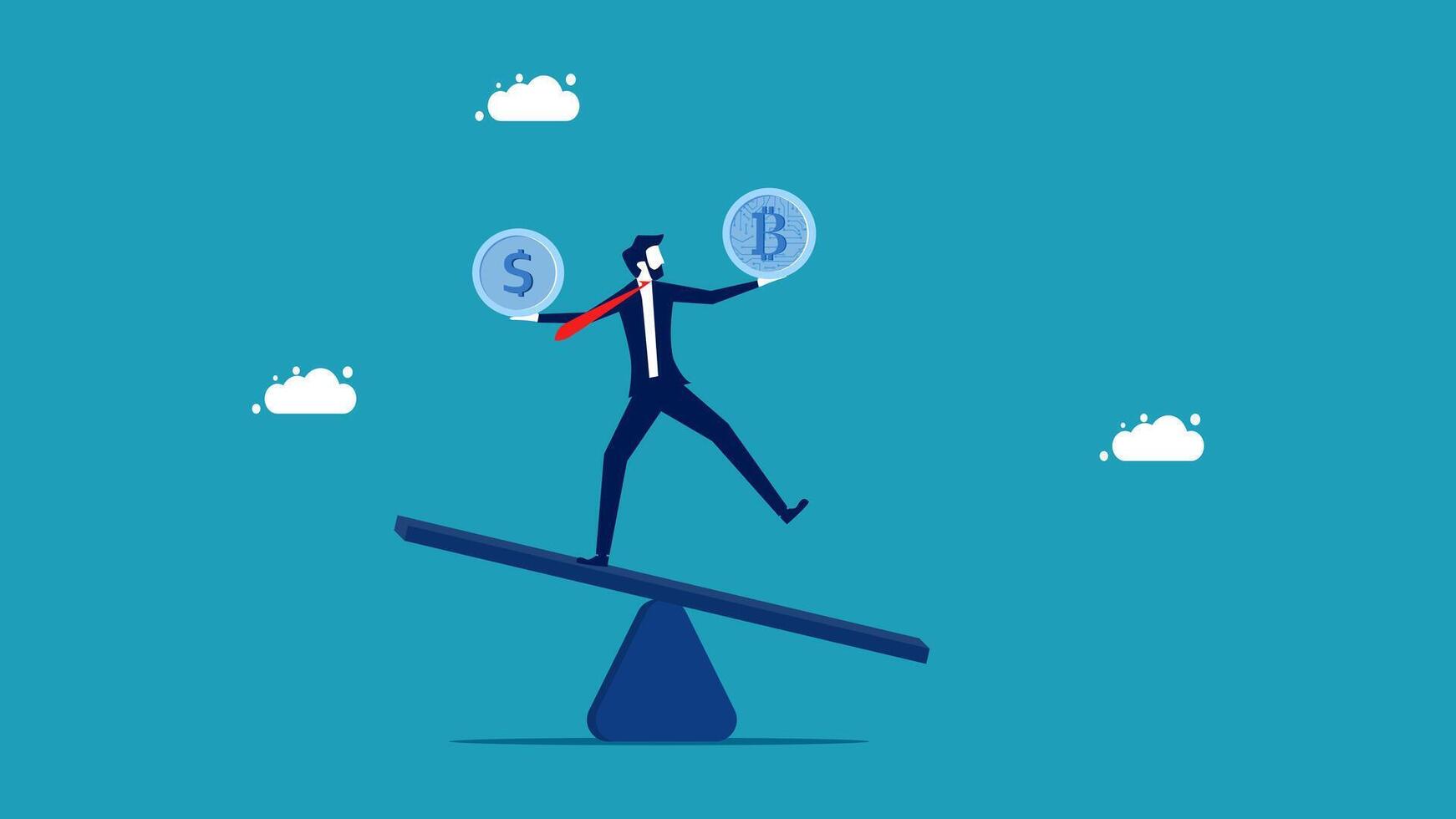 businessman balancing on a seesaw with coins vector