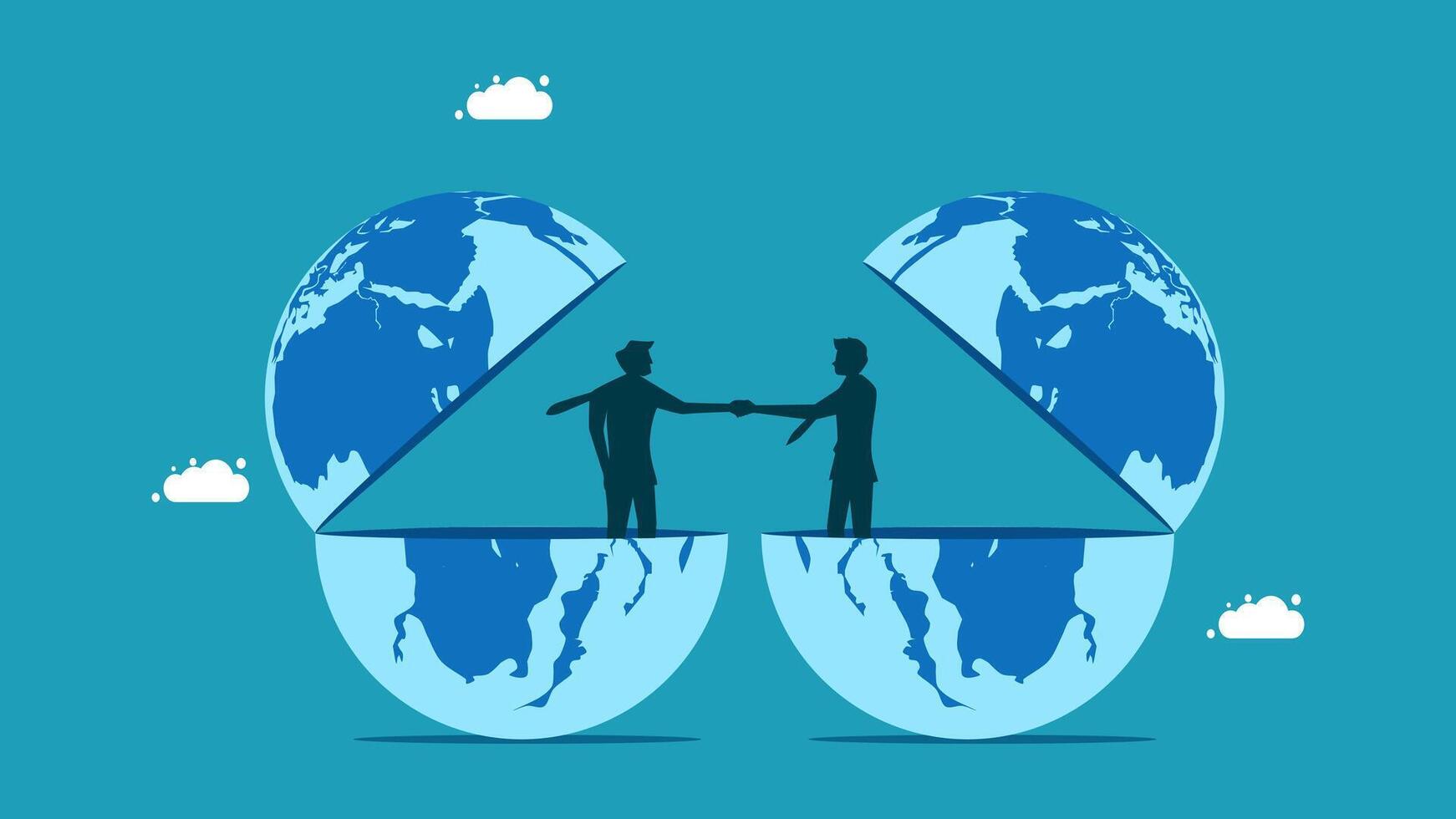 two people shaking hands over a globe vector