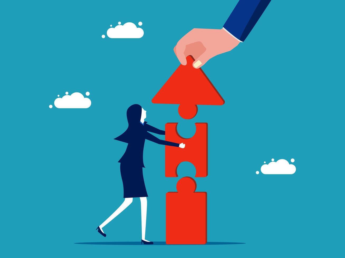 business people building a puzzle with a hand holding a red arrow vector